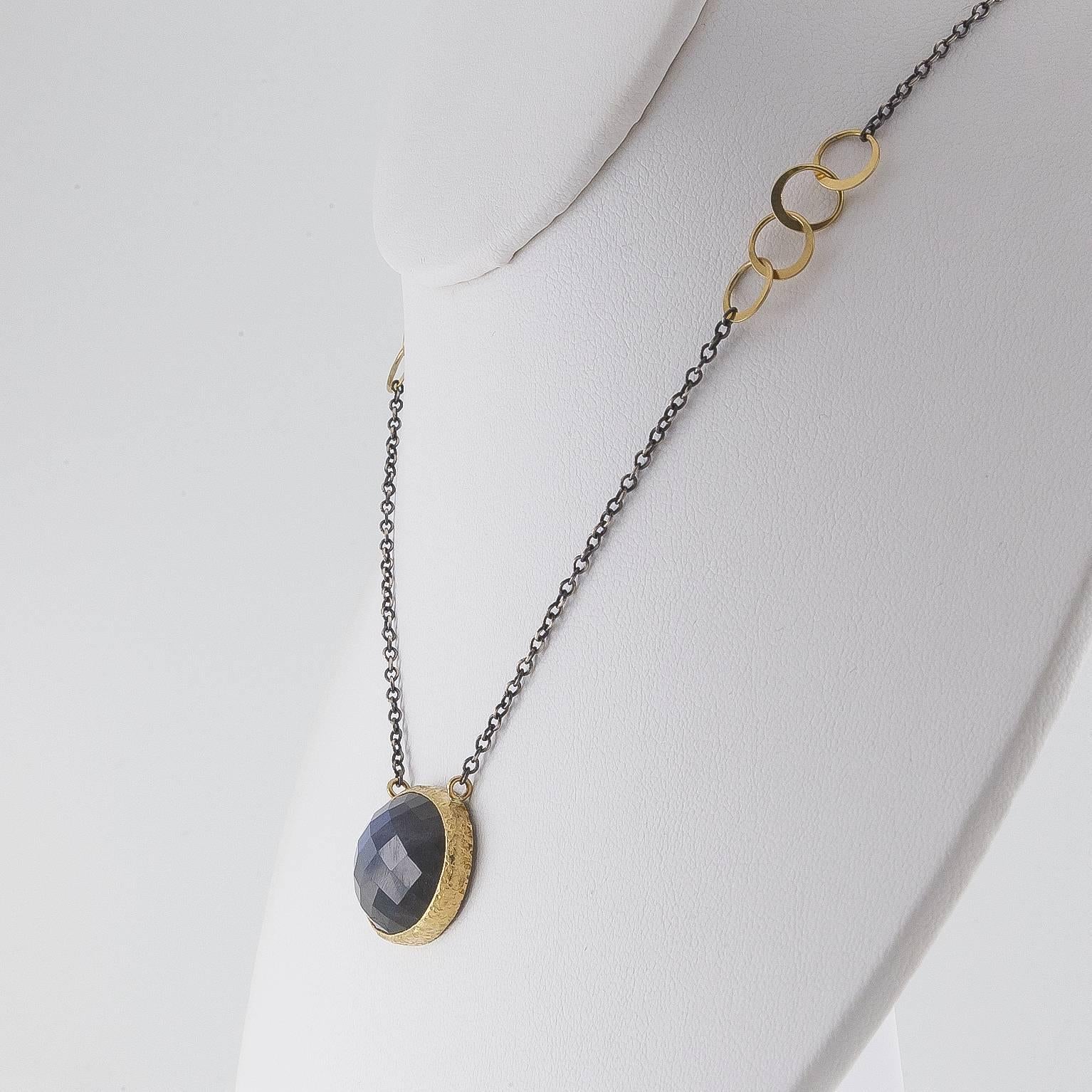 Modern Mixed Metal Rose Cut Labradorite Oxidized Sterling Gold Necklace For Sale