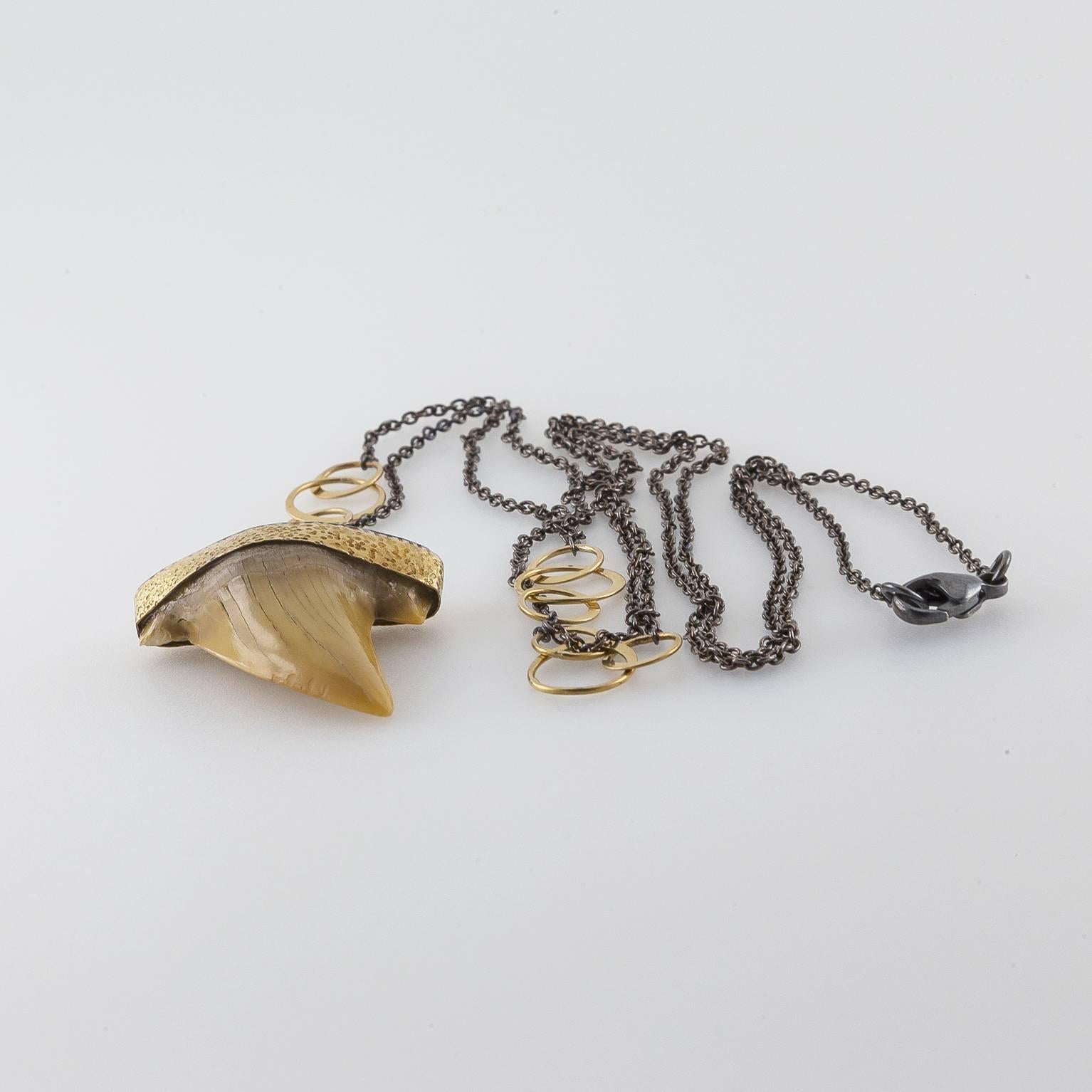 Modern Shark Tooth Pendant Necklace with Oxidized Silver and Gold