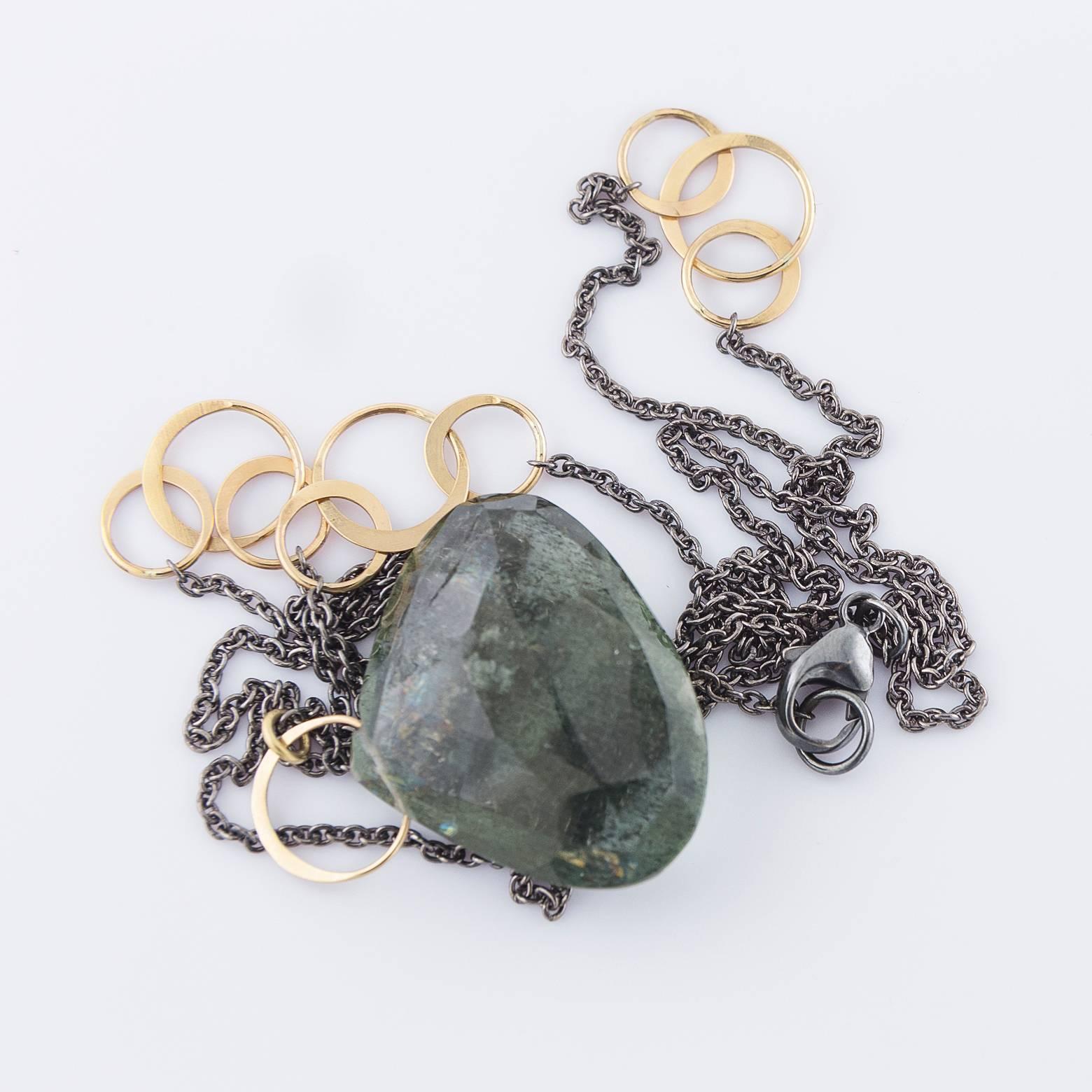 Modern Long Rose Cut Moss Aquamarine Necklace in Oxidized Sterling Silver and Gold