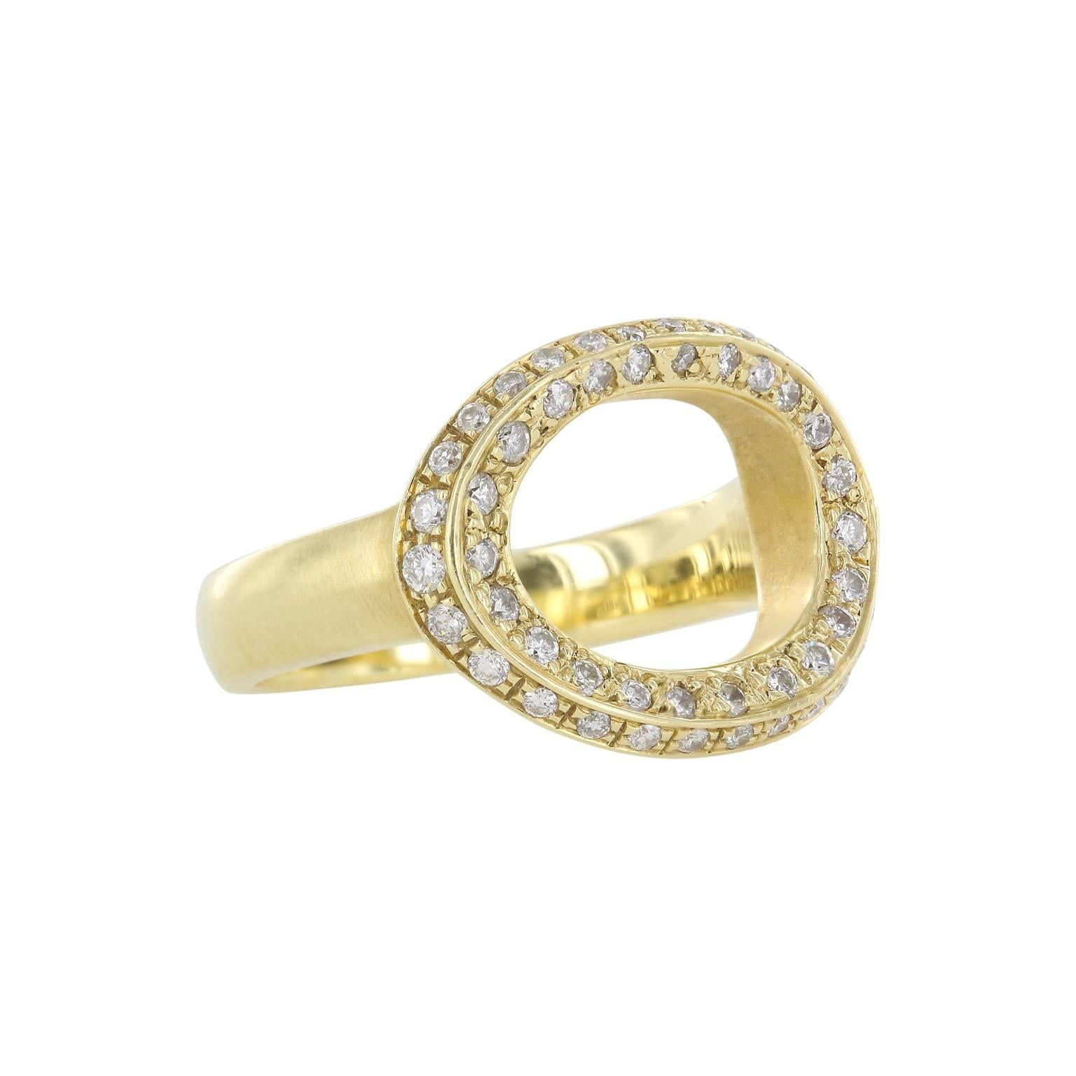 The enduring appeal of a modern geometric shape set with diamonds. The curvilinear shape of the oval is designed to fit comfortably on your finger. This modern ring is made with reclaimed 18K gold and has a total of .53 carats of diamonds. Size 7.