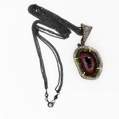 Geode Pendant Necklace Surrounded with Diamonds in Oxidized Sterling Silver