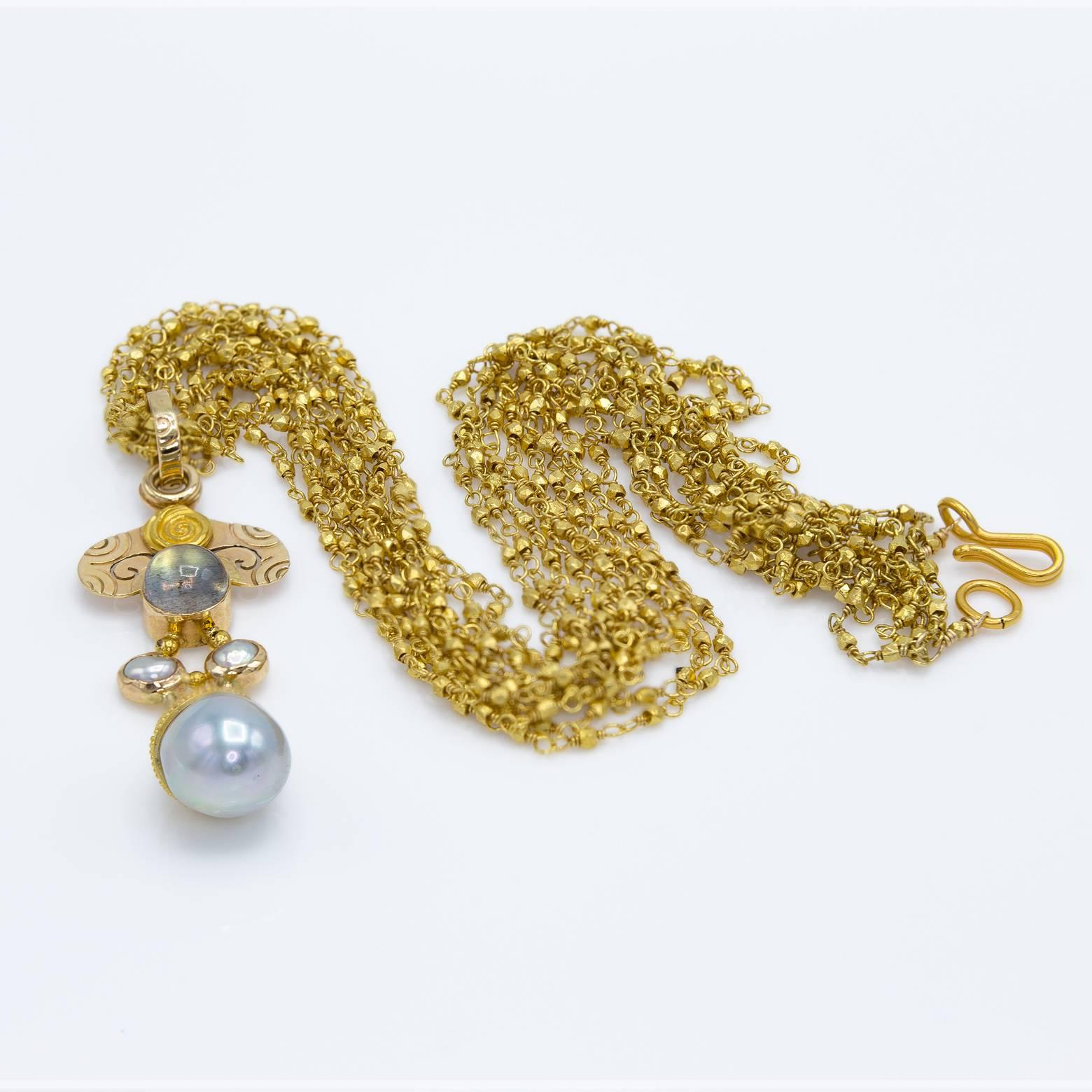 Artist Elegant Spiral Fresh Water Pearl Moonstone Gold Pendant For Sale