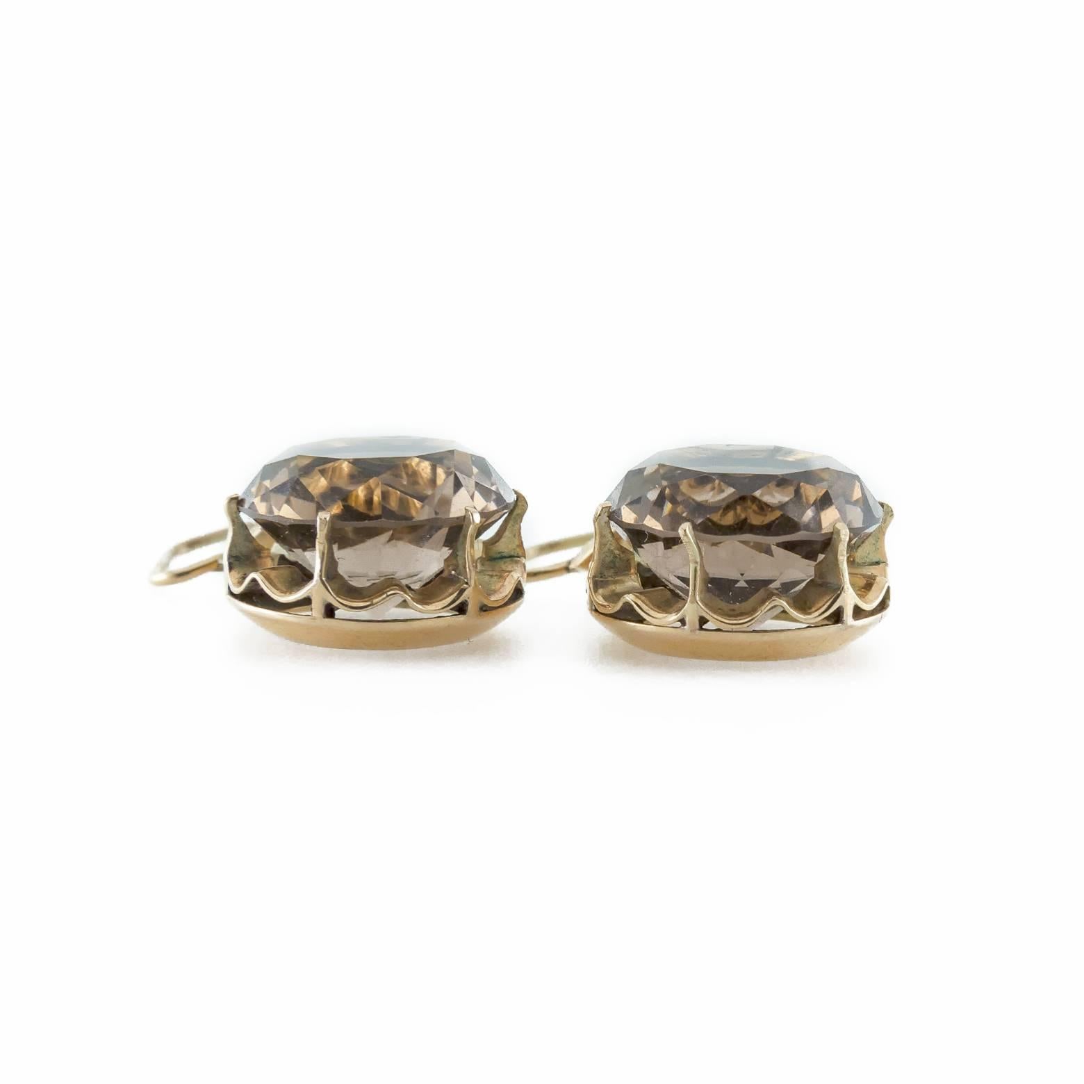 Modern Smokey Quartz Earrings Set in 9 Karat Yellow Gold
