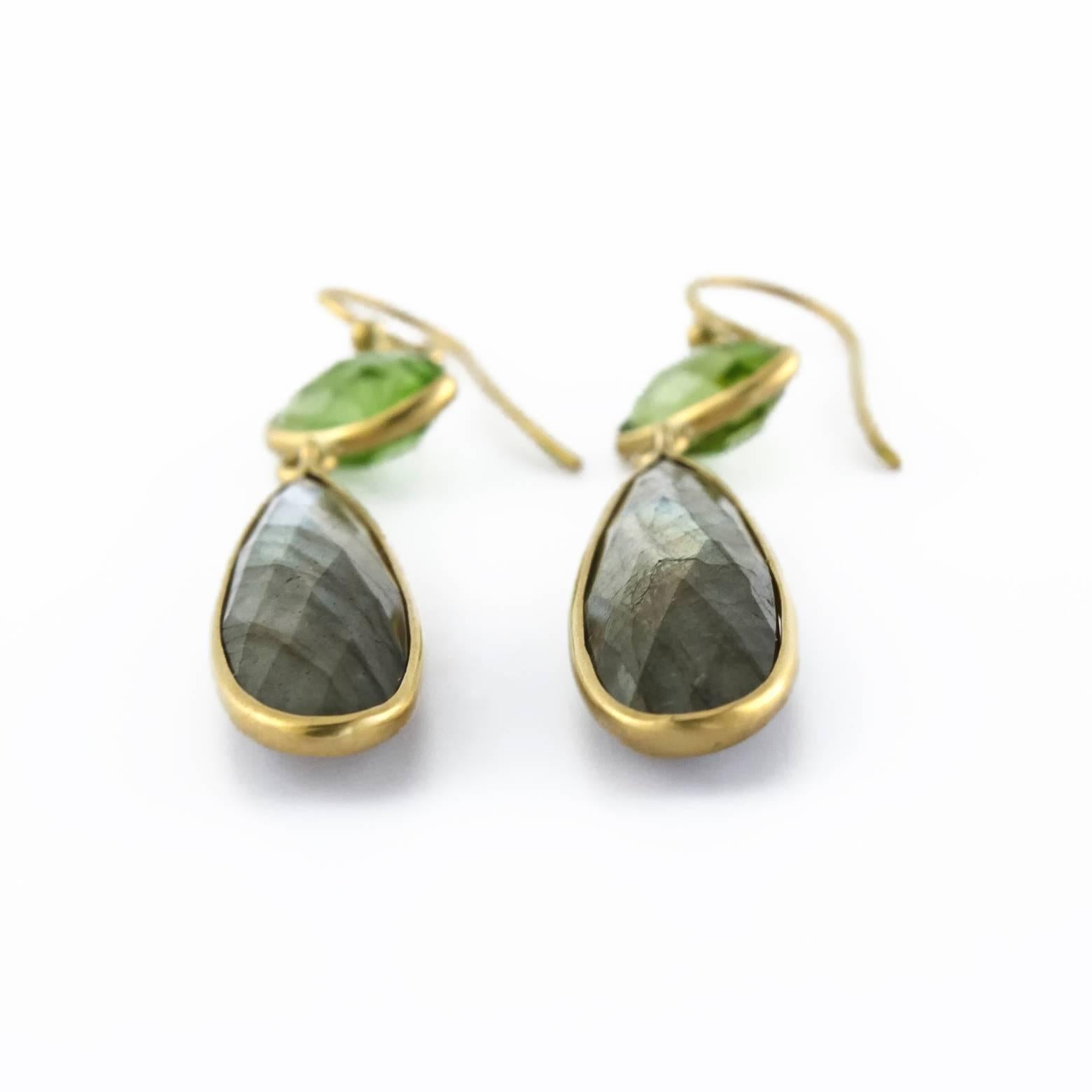 Modern Rose Cut Green Peridot Labradorite Gold Drop Earrings