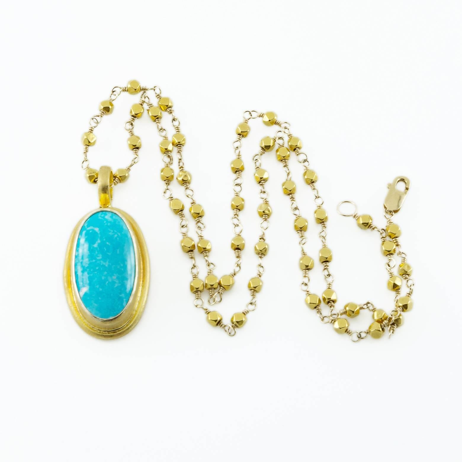 Women's or Men's Large Cushion Oval Turquoise Gold Vermeil Pendant