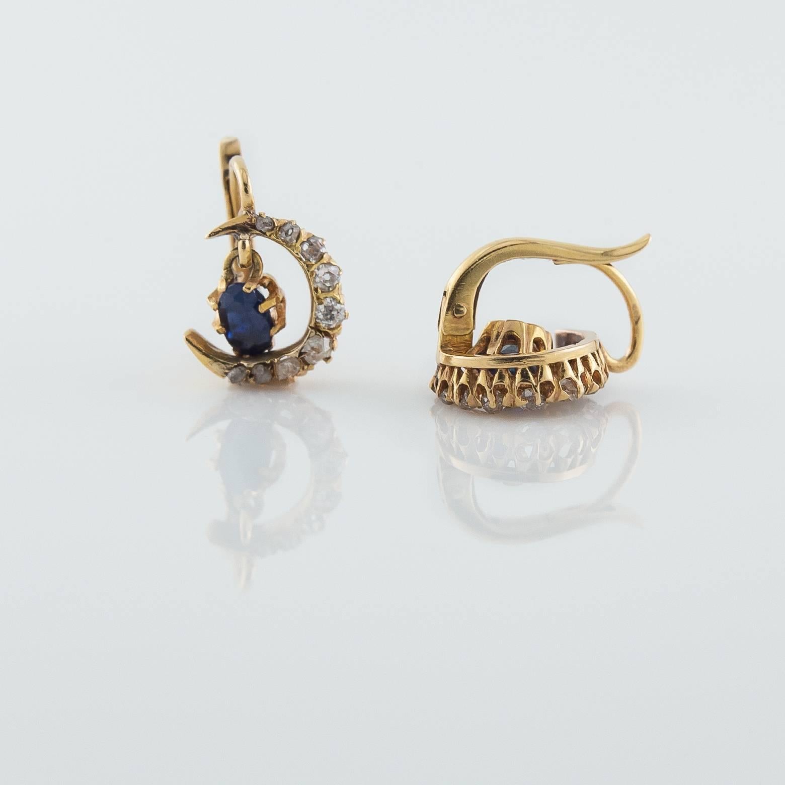 Edwardian 1910s French Sapphire Diamond Gold Moon Earrings
