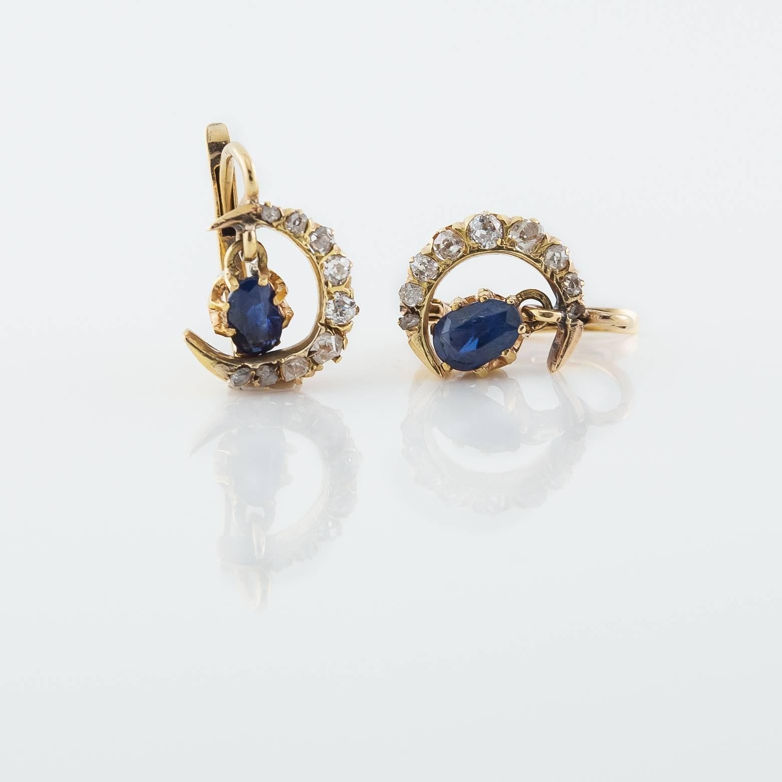 1910s French Sapphire Diamond Gold Moon Earrings In Excellent Condition In Berkeley, CA