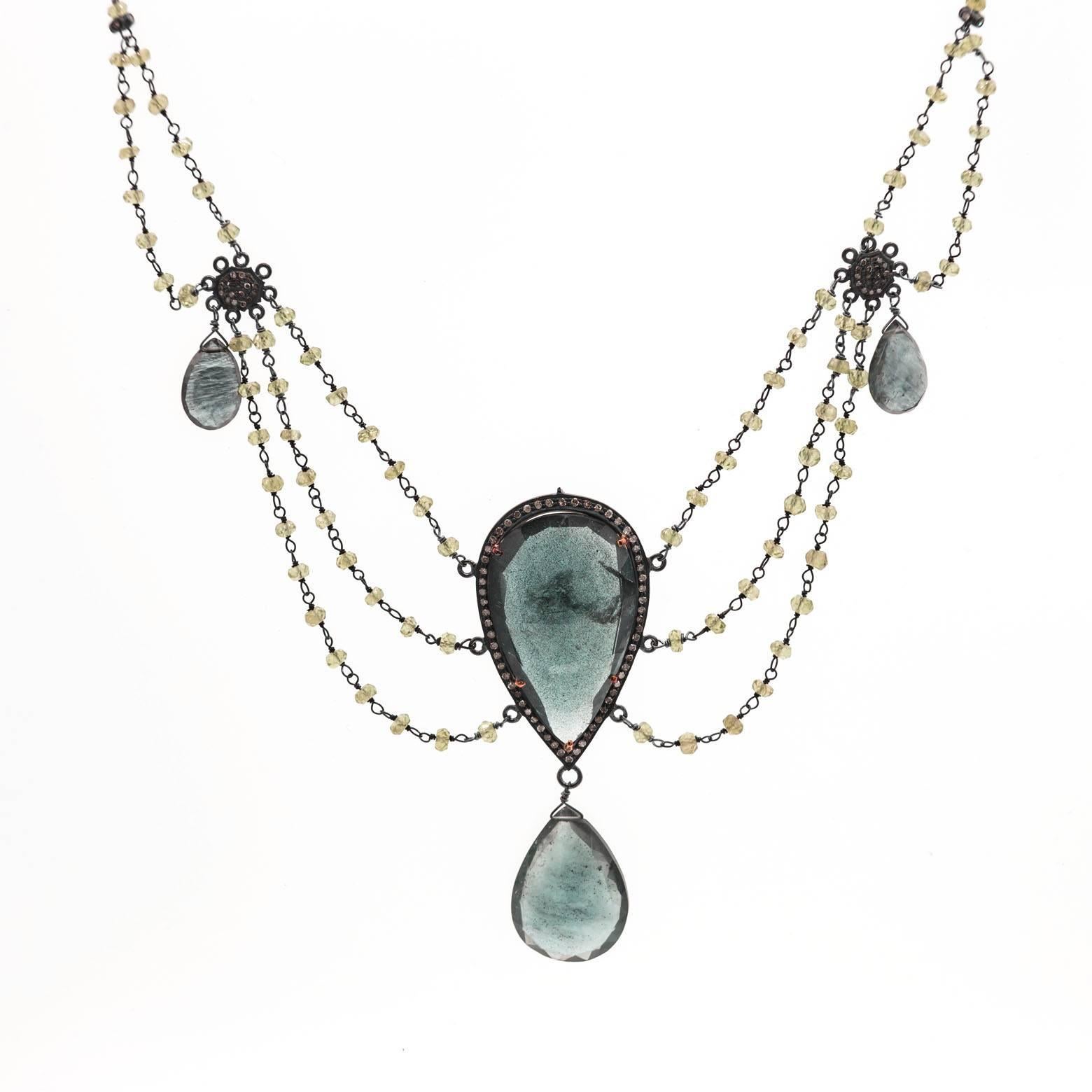 Elegant and Stunning Moss Aquamarine, Peridot and Diamond Multi-strand Necklace. This piece is absolutely stunning and story-telling. As if lifted out of a romance novel this necklace will transport you to a time of gowns and extravagance. 