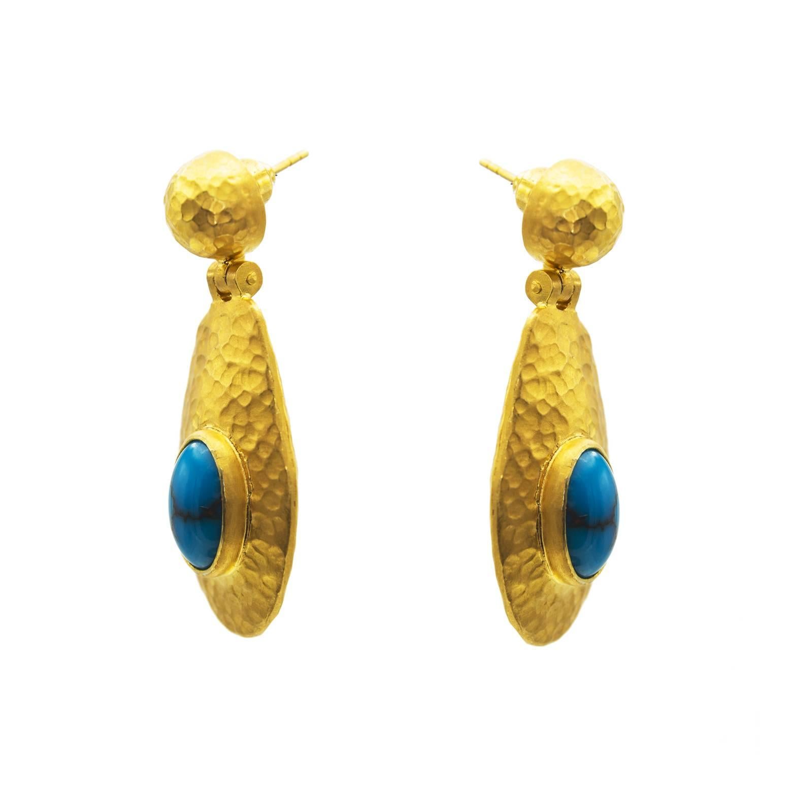 Modern Egyptian Turquoise Thick Gold Vermeil Hammered Oval Dangling Post Earrings