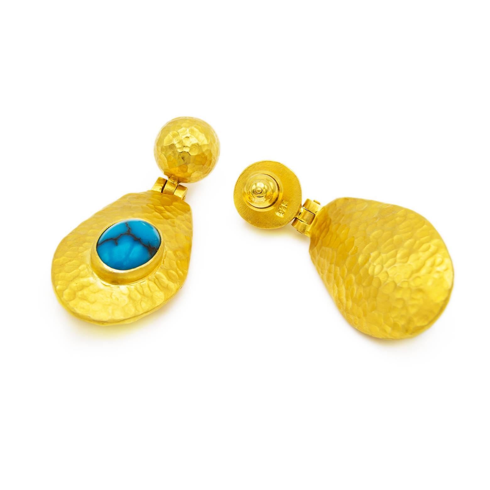 Egyptian Turquoise Thick Gold Vermeil Hammered Oval Dangling Post Earrings 1
