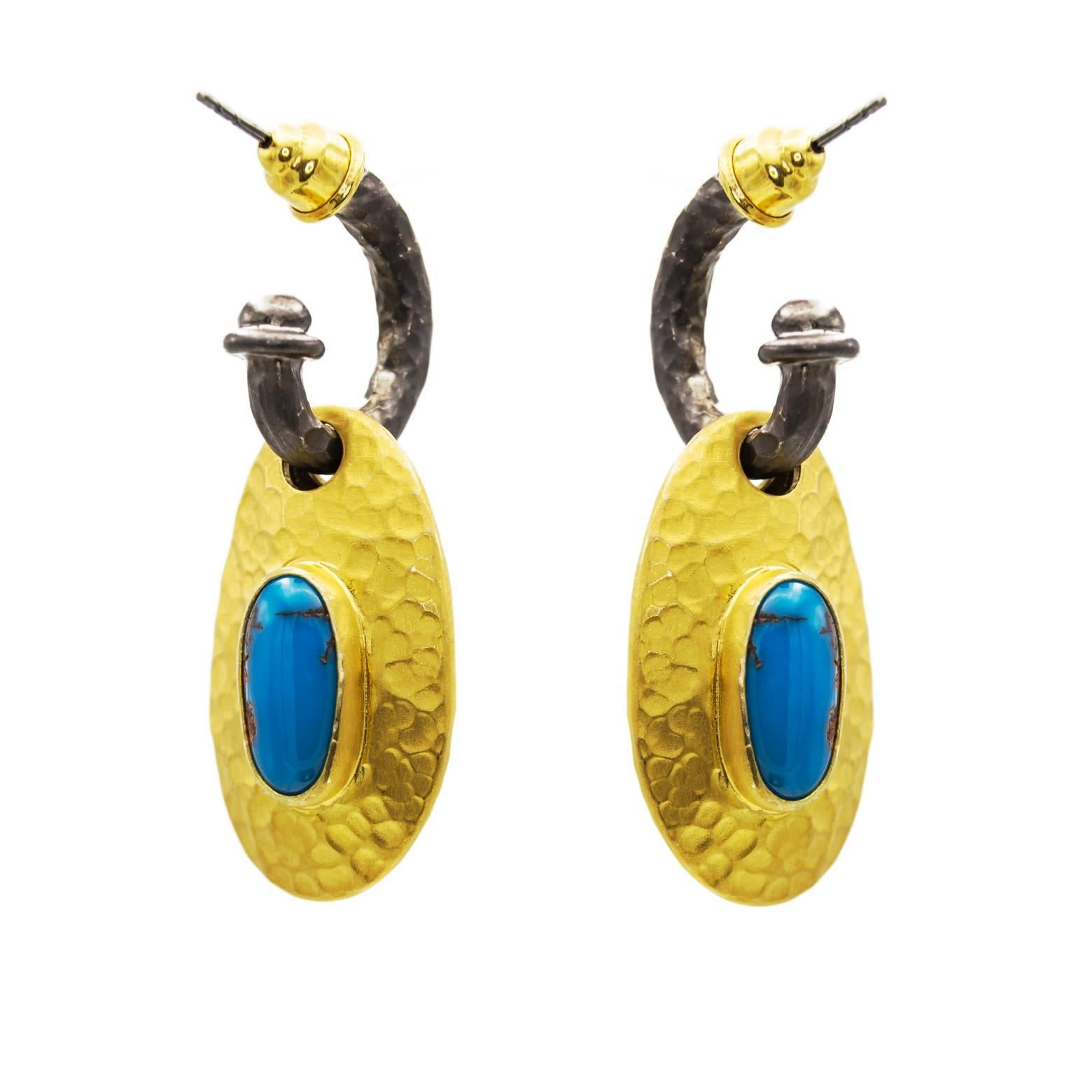 Modern Egyptian Turquoise Thick Gold Vermeil  Oxidized Sterling Silver Post Earrings 