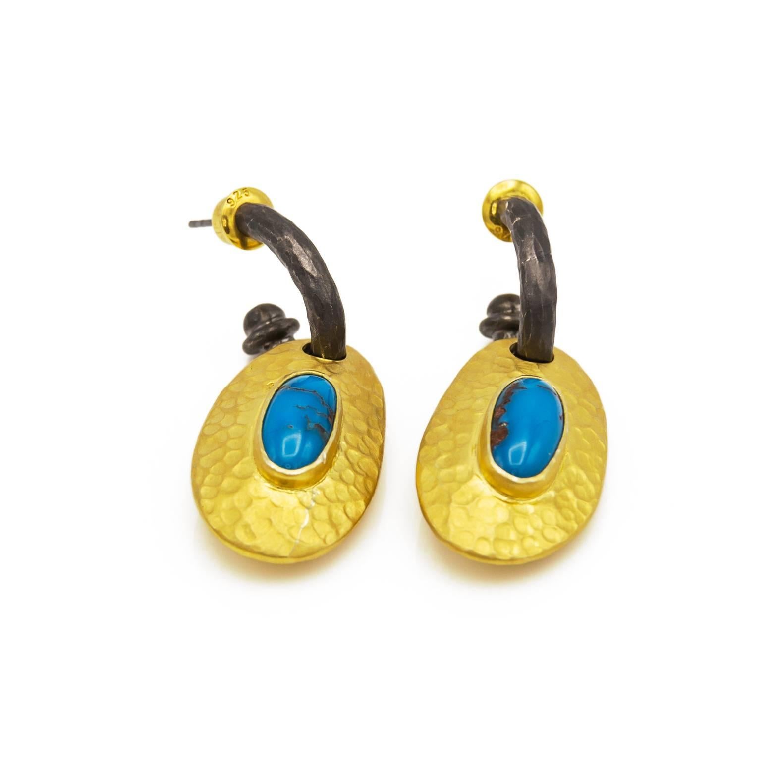 Women's Egyptian Turquoise Thick Gold Vermeil  Oxidized Sterling Silver Post Earrings 