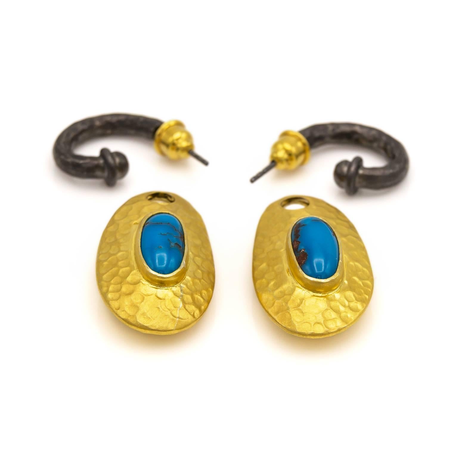 Egyptian Turquoise Thick Gold Vermeil  Oxidized Sterling Silver Post Earrings  1