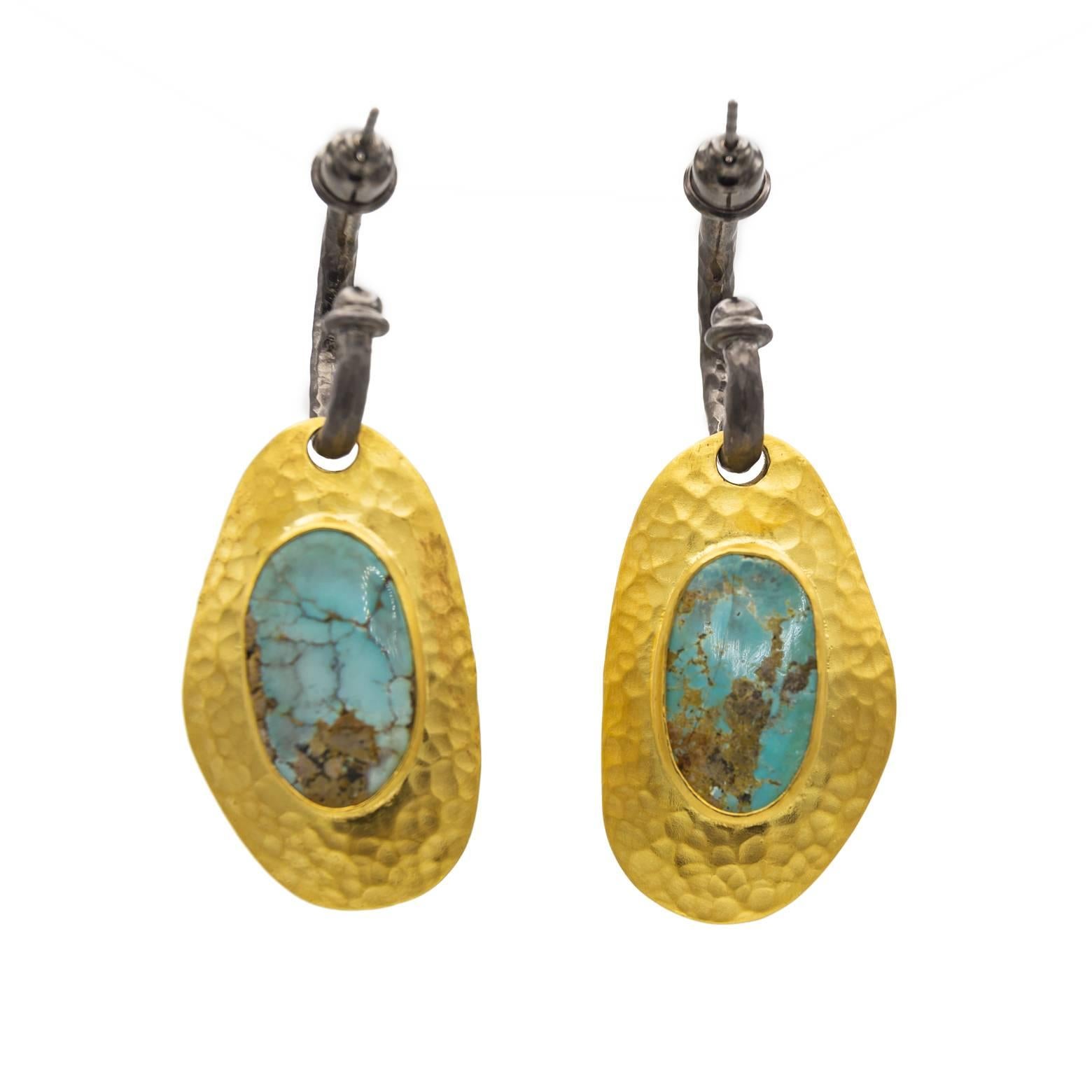 Large Persian Turquoise Oxidized Sterling Silver Gold Earrings In Excellent Condition In Berkeley, CA