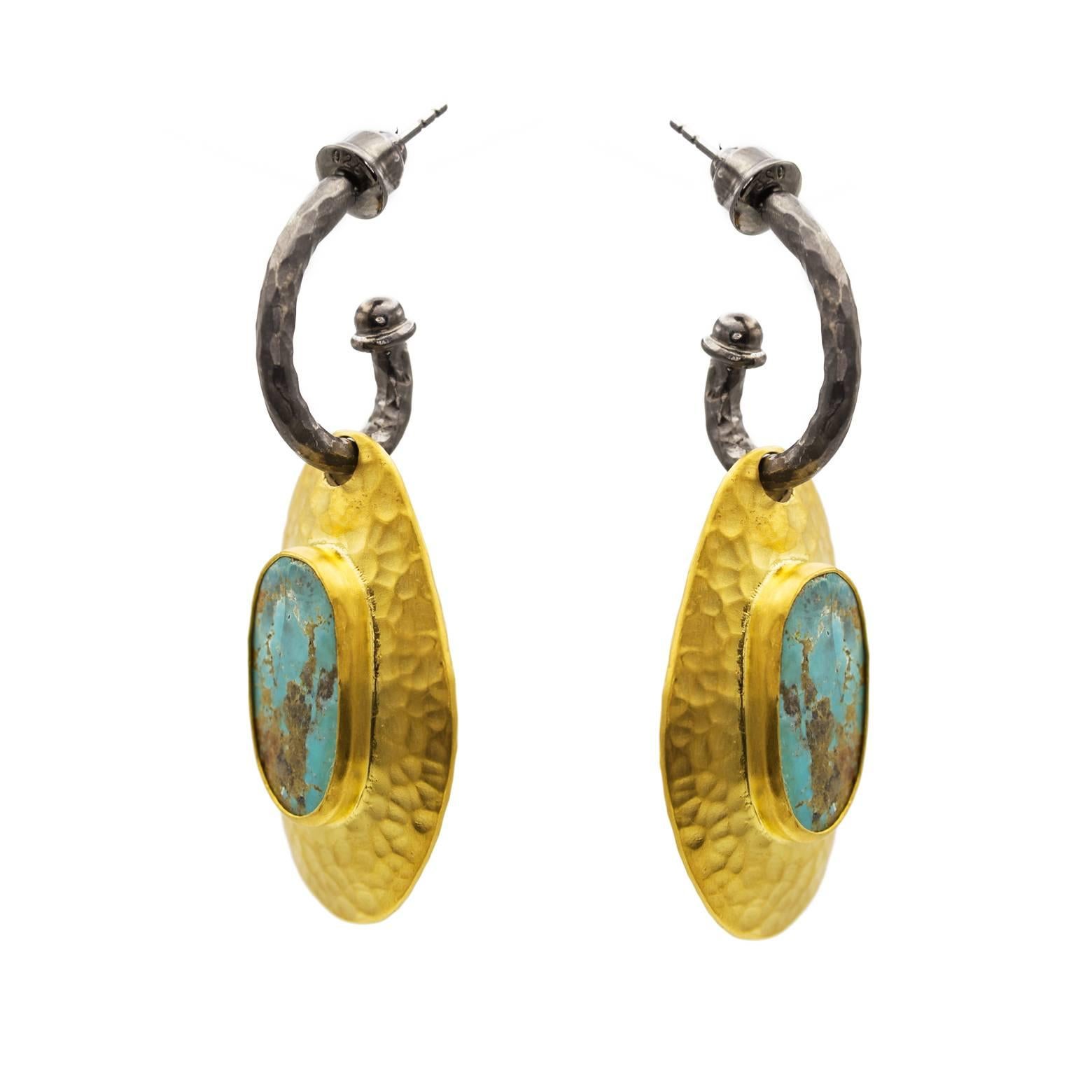 Women's Large Persian Turquoise Oxidized Sterling Silver Gold Earrings