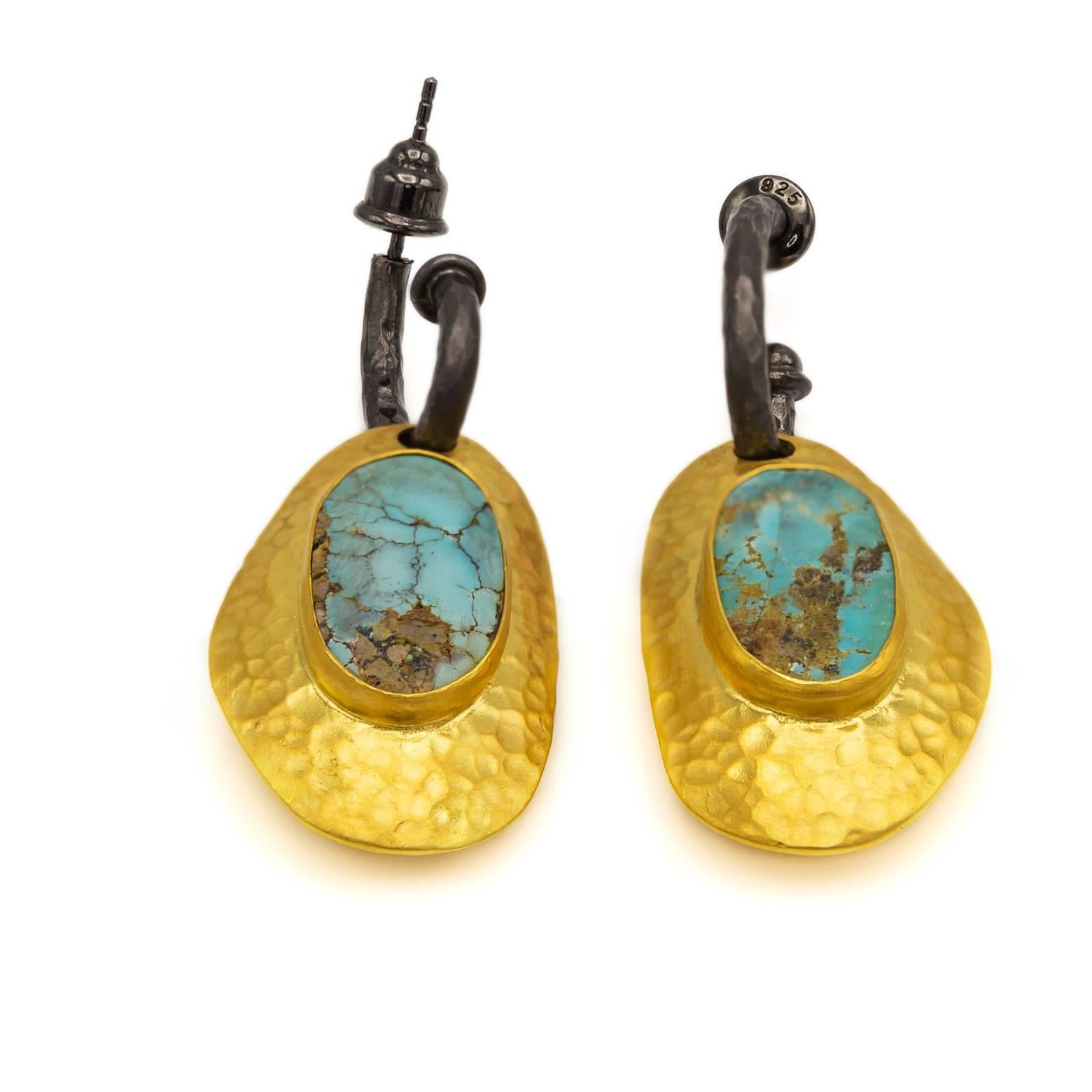 Large Persian Turquoise Oxidized Sterling Silver Gold Earrings 2