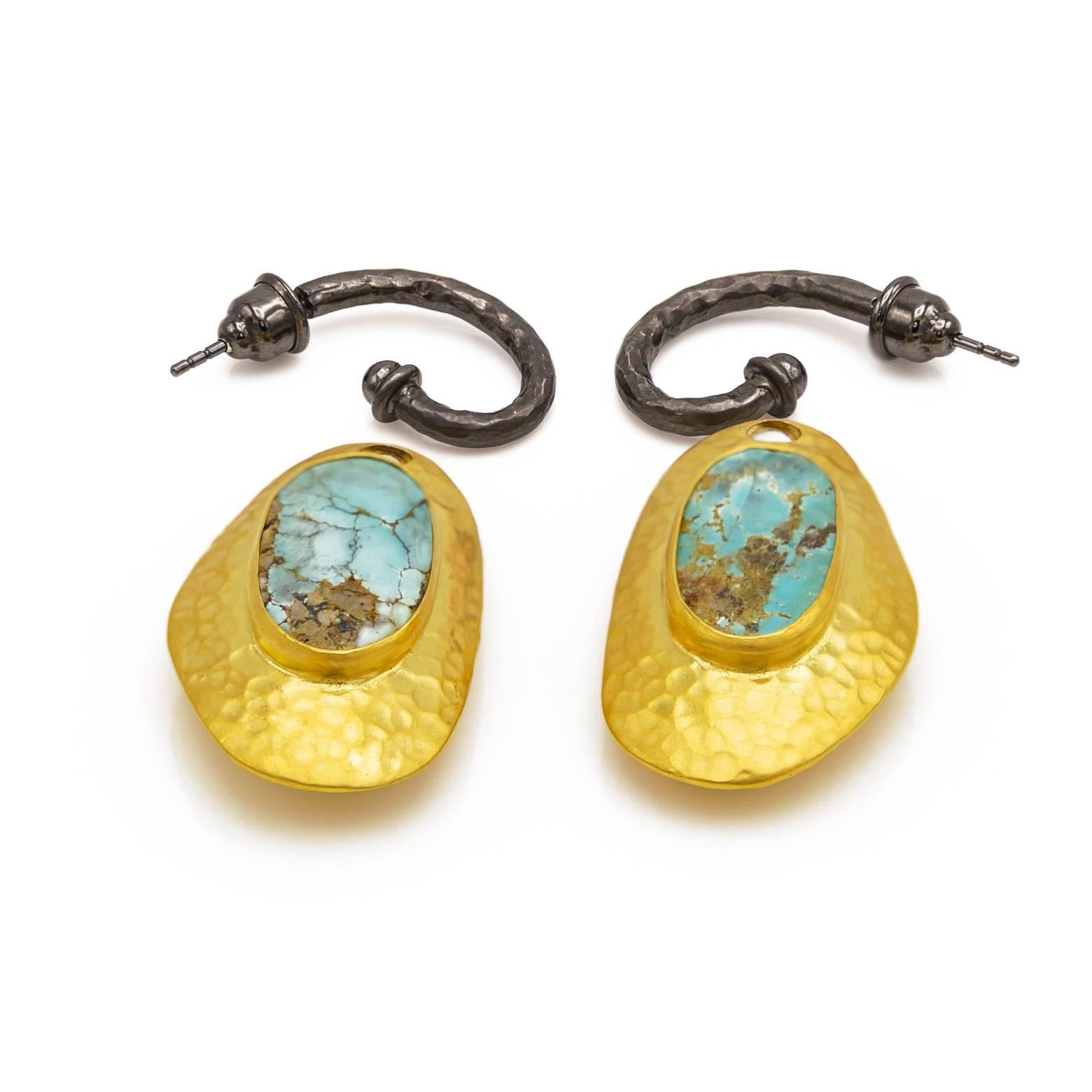 Large Persian Turquoise Oxidized Sterling Silver Gold Earrings 3