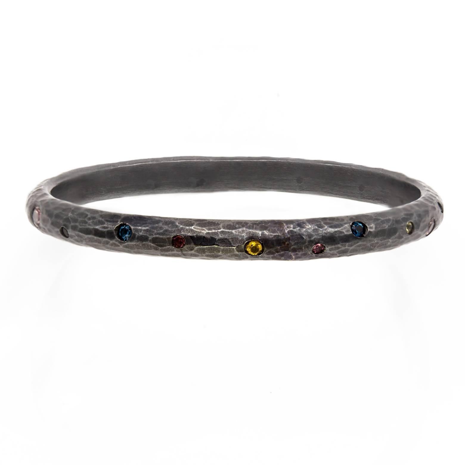 Topaz Citrine Tourmaline Oxidized Sterling Silver Bangle Bracelet In Excellent Condition In Berkeley, CA