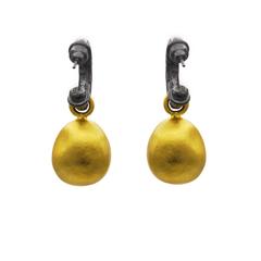 Gold Hammered Droplets on Oxidized Hoop Earrings
