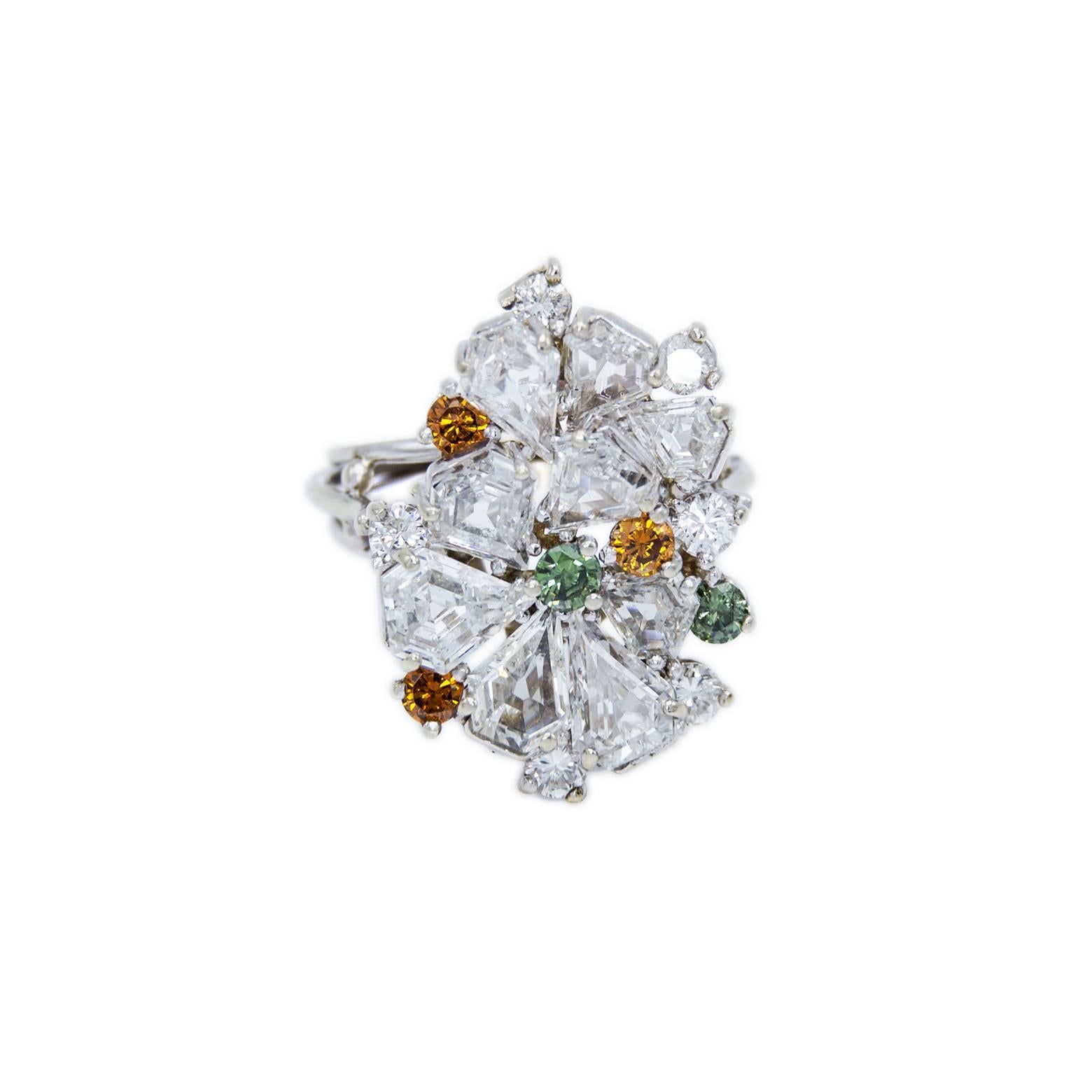 3.5 Carats Diamonds Multi Shape White Gold Cluster Ring 1970 Crazy Setting In Excellent Condition In Berkeley, CA