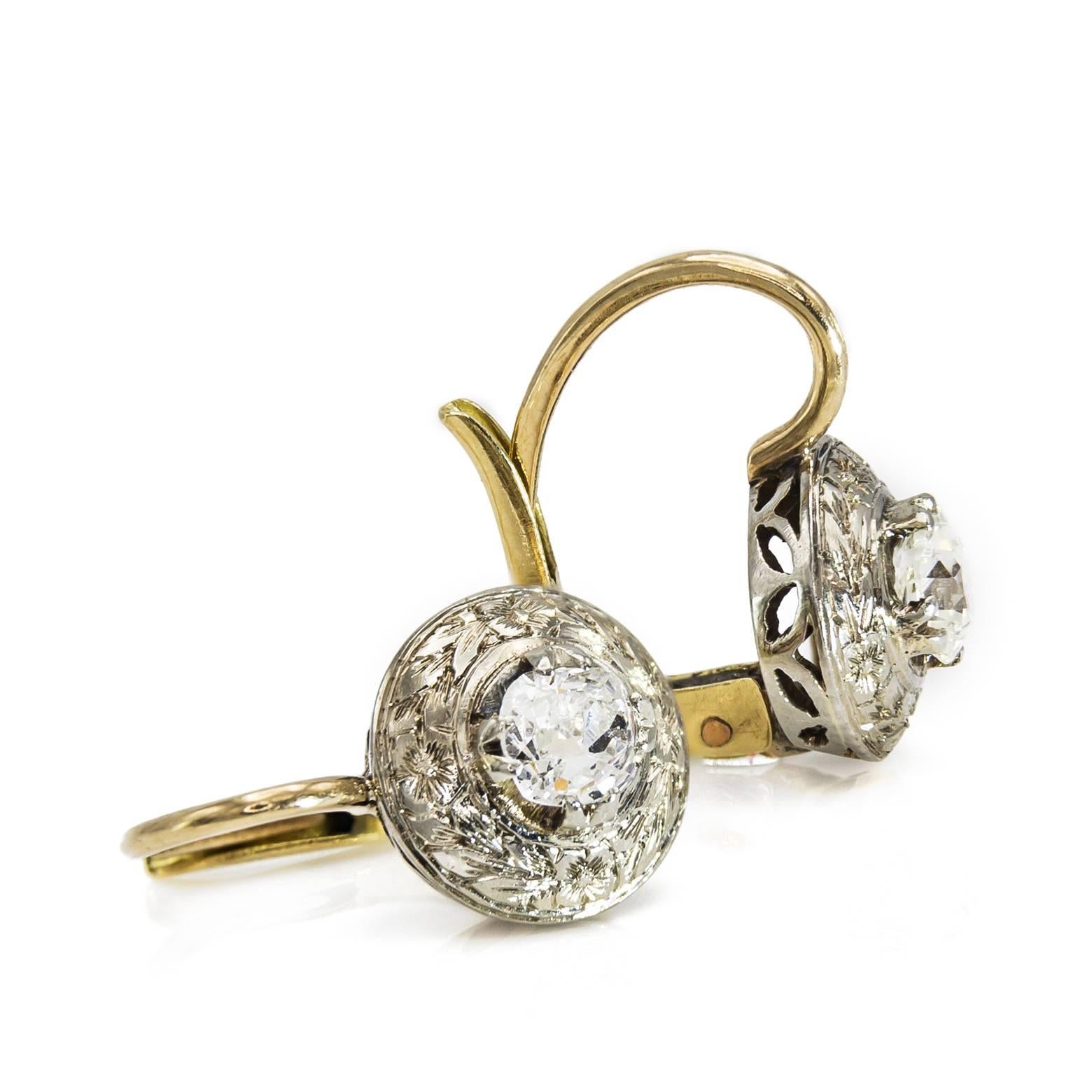 Post-War Round Diamond Earrings with a Halo of Engraved White Gold