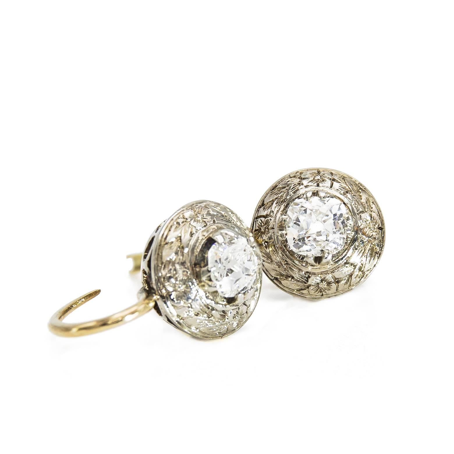 Women's Round Diamond Earrings with a Halo of Engraved White Gold
