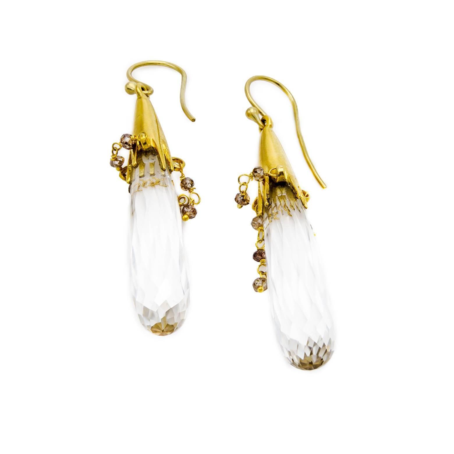 Artist Large Crystal Briolette Earrings with Champagne Diamonds Chains and Satin Gold