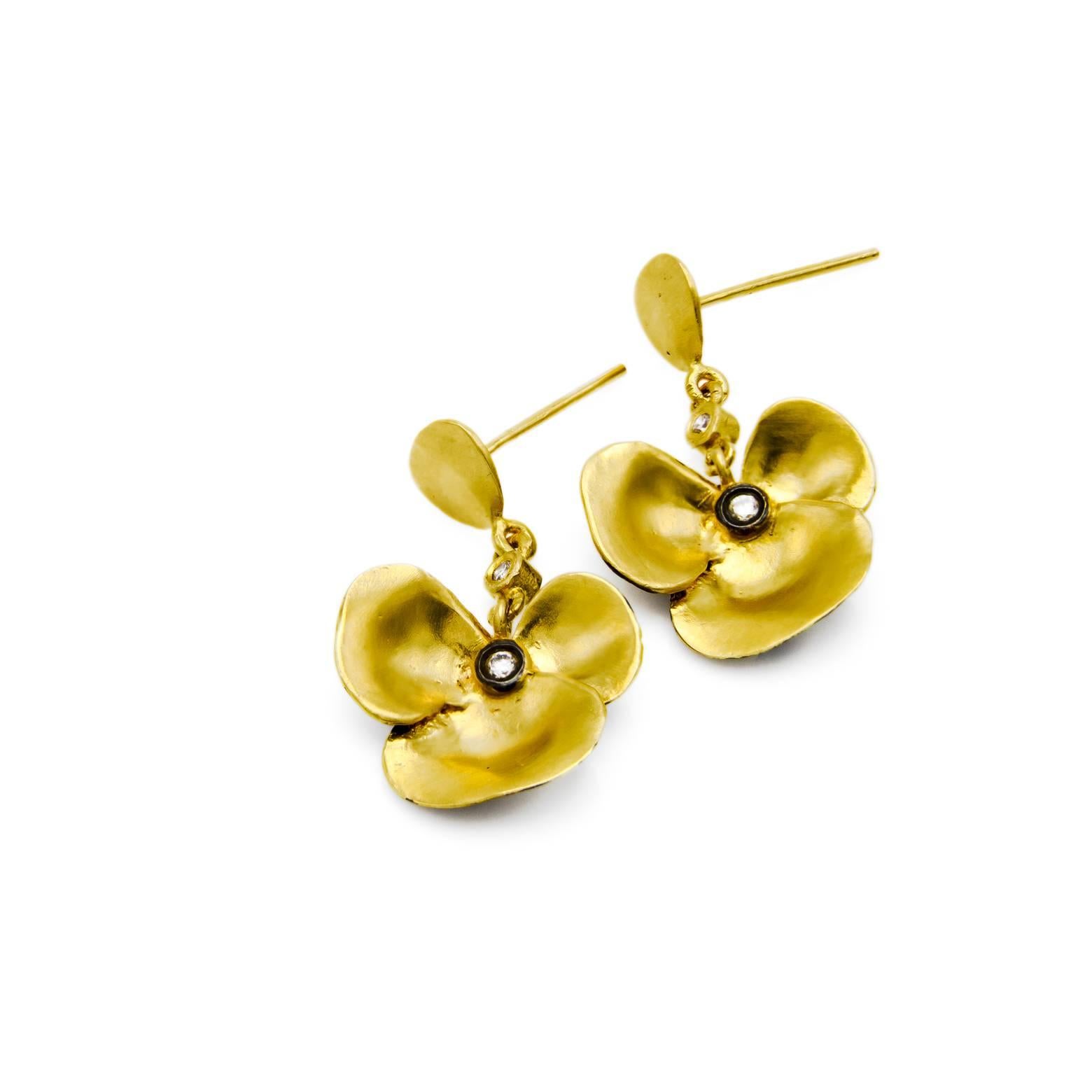 Modern Gold Vermeil Satin Finish Flower Design Post Back Earrings with 4 Diamonds. 
