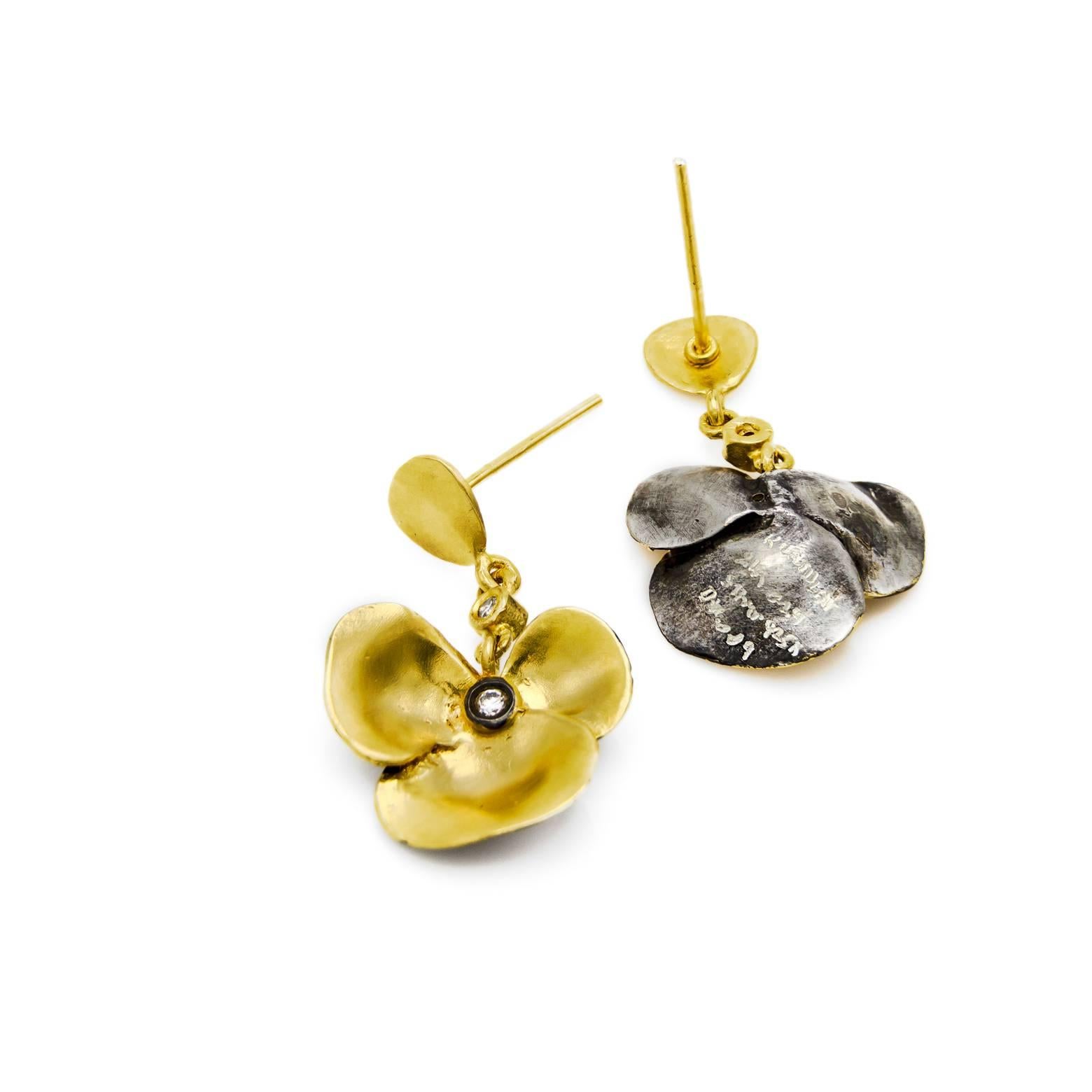 Women's Gold Vermeil Satin Finish Flower Design Post Back Earrings with 4 Diamonds. 