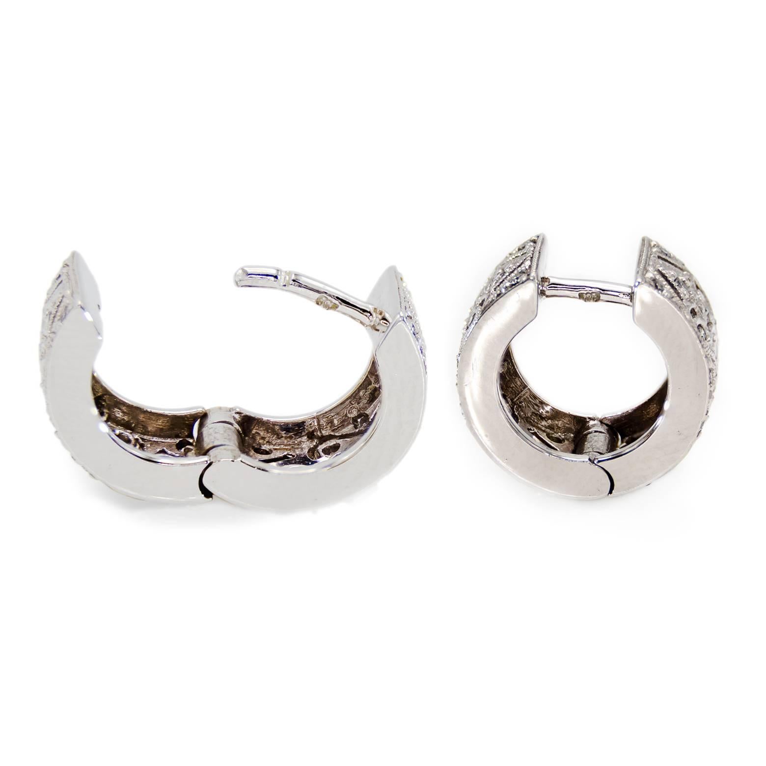 Diamond Filigree Hugging Hoop Earrings In Excellent Condition For Sale In Berkeley, CA