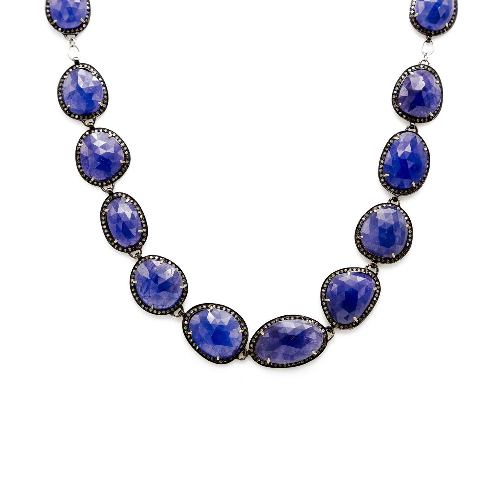 Contemporary Large Rose-Cut Tanzanite Necklace with Diamond Bezel in Oxidized Sterling Silver