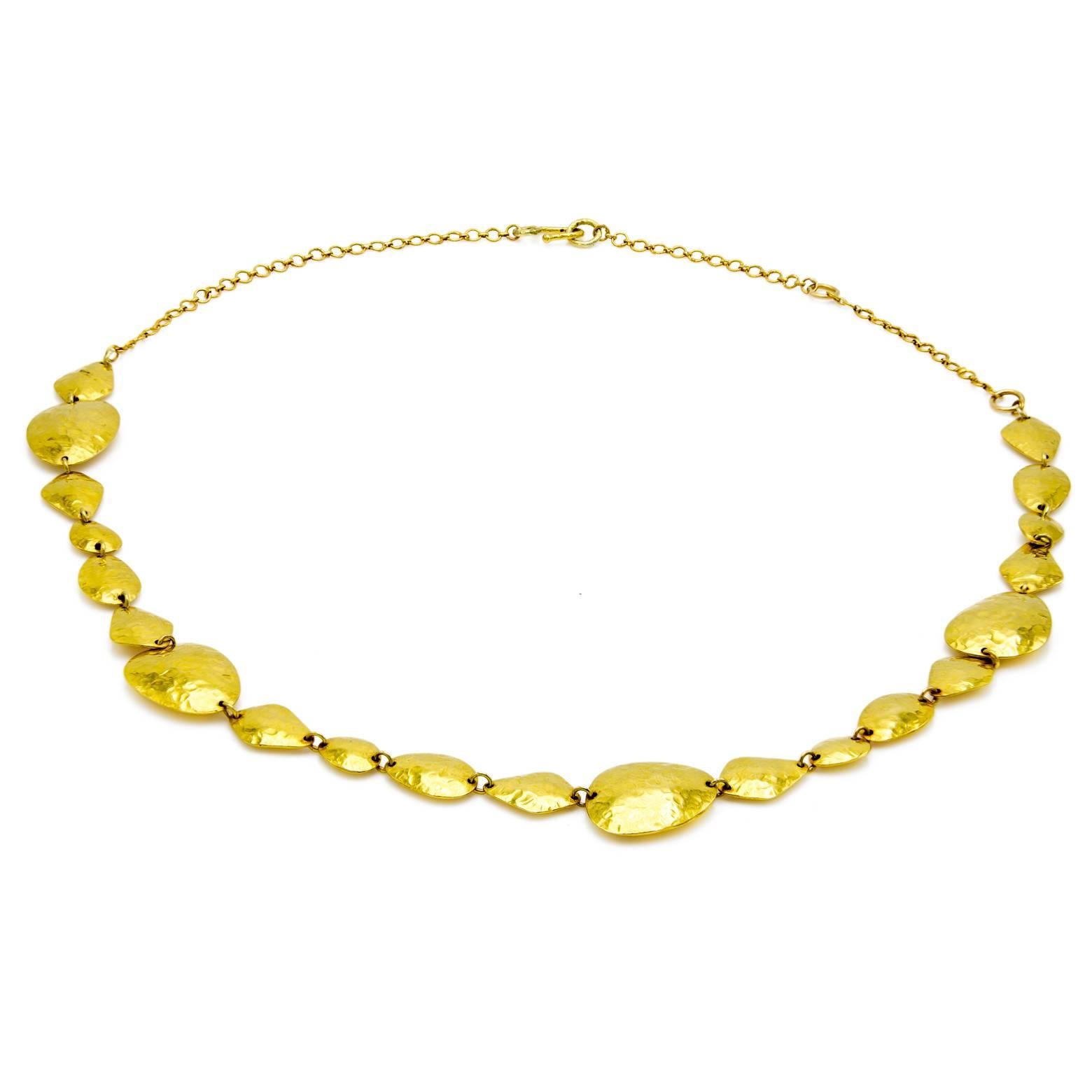 Modern Architectual Gold Necklace with Various Shapes of Hammered Gold Links