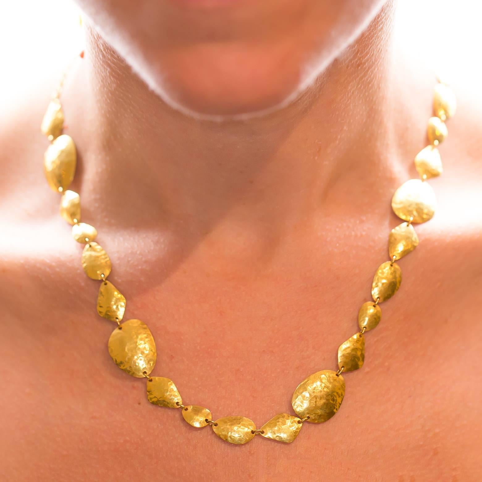 Women's Architectual Gold Necklace with Various Shapes of Hammered Gold Links