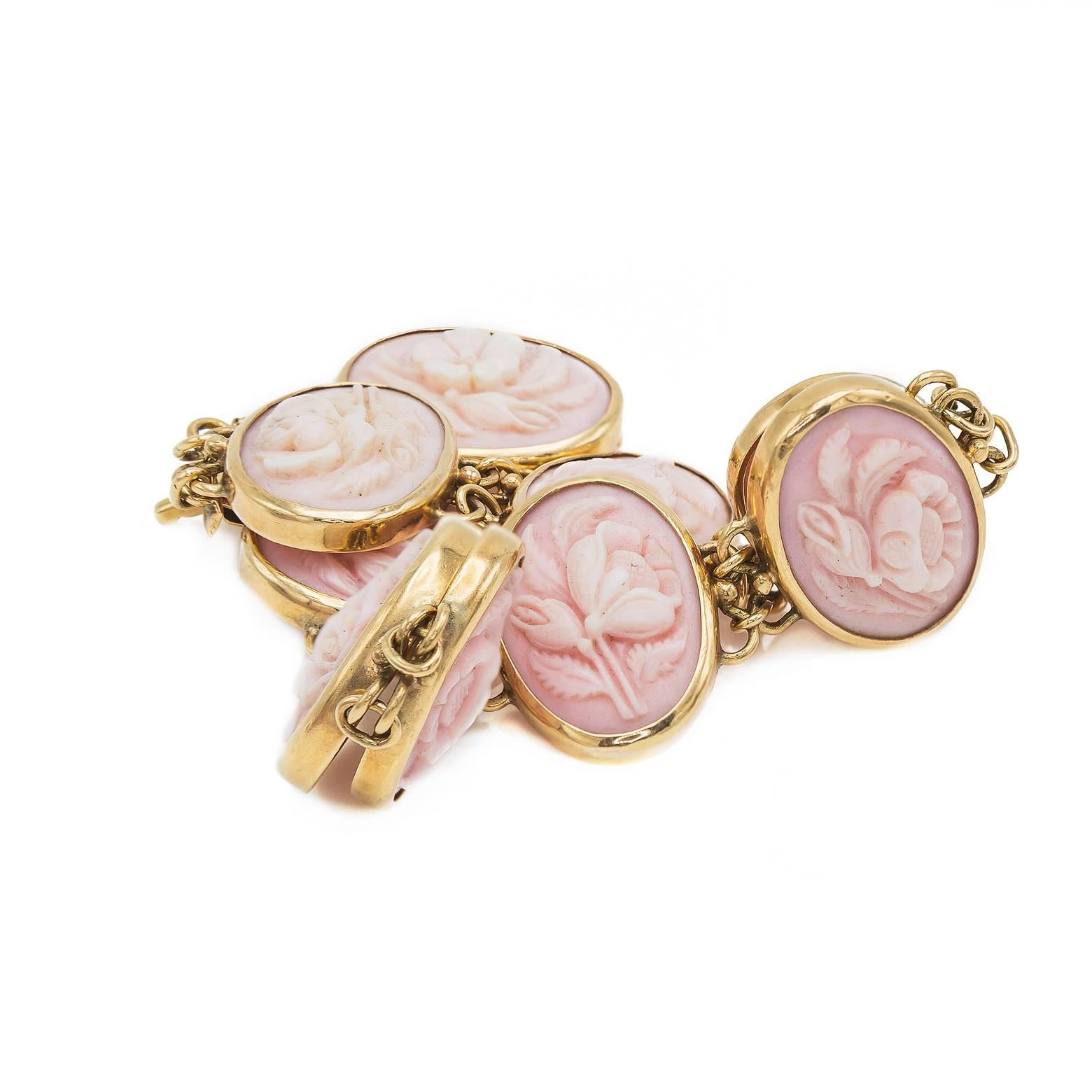 Women's Conch Shell Cameo Bracelet with Engraved Flowers in 14K Yellow Gold
