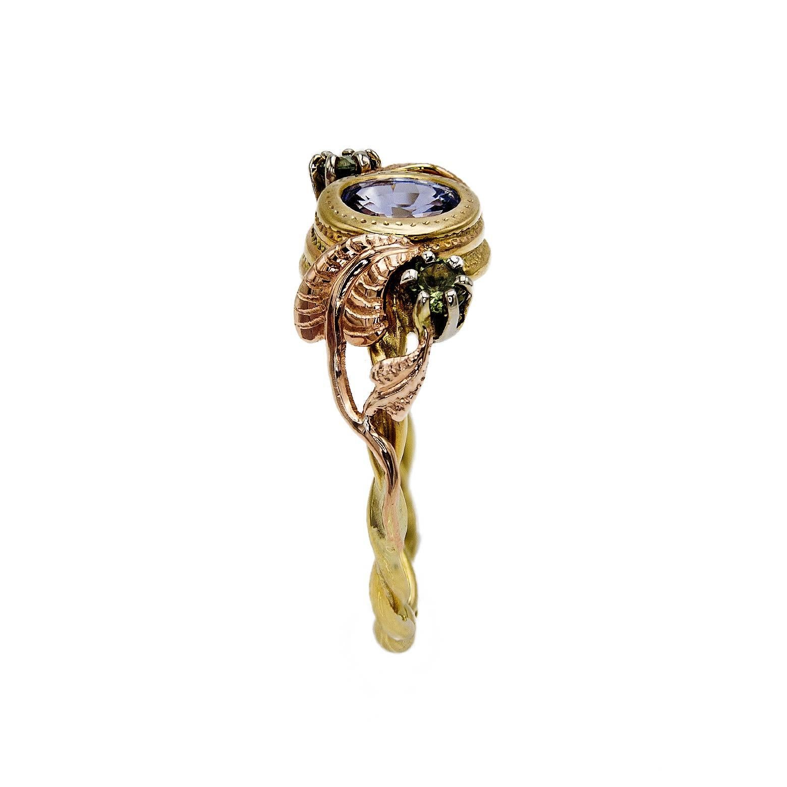 Artist Artisan Sapphire Ring with Rose Gold Leaves and Detailed Bezel