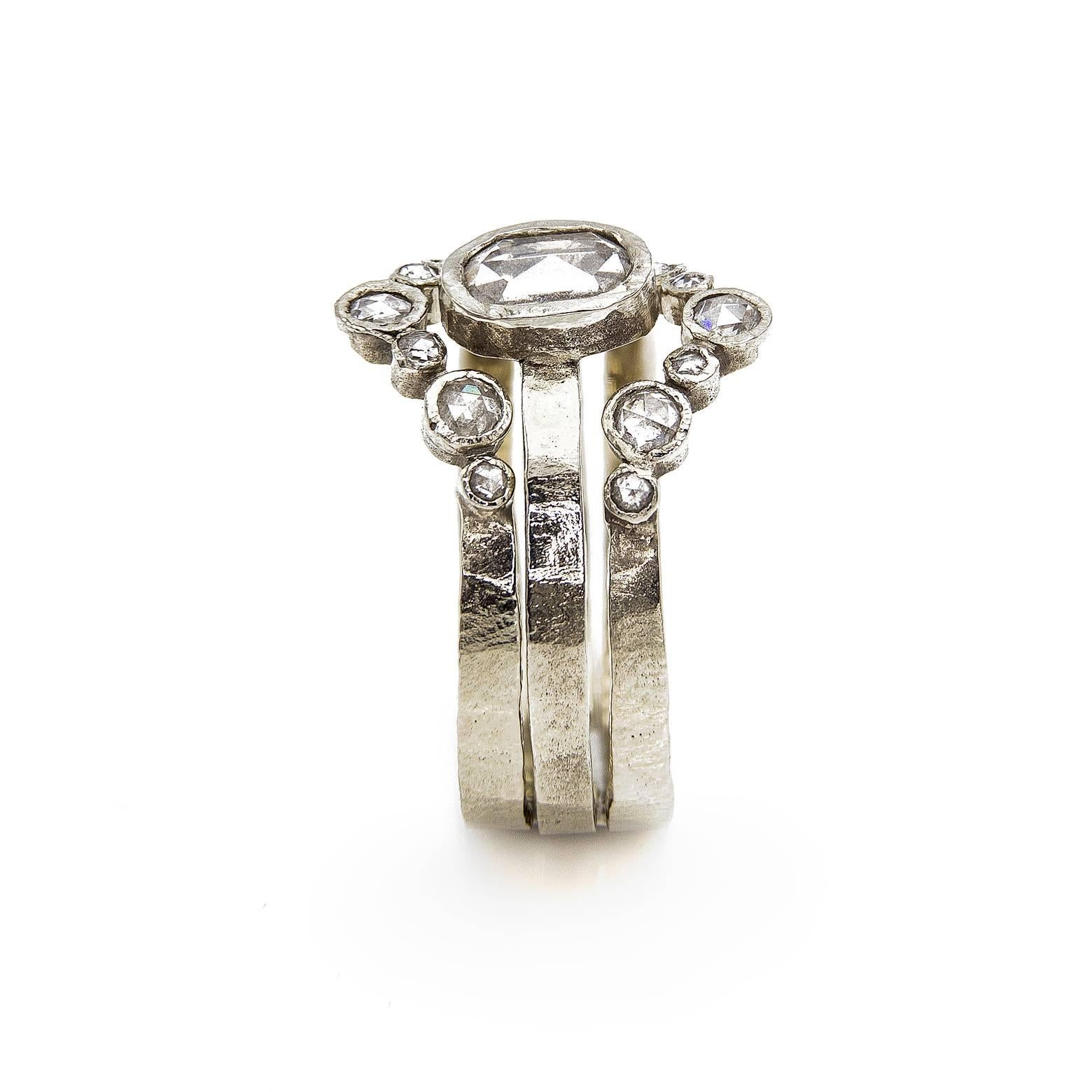 Rose Cut Diamond White Gold Art Deco Style Modern Three-Piece Ring In Excellent Condition For Sale In Berkeley, CA