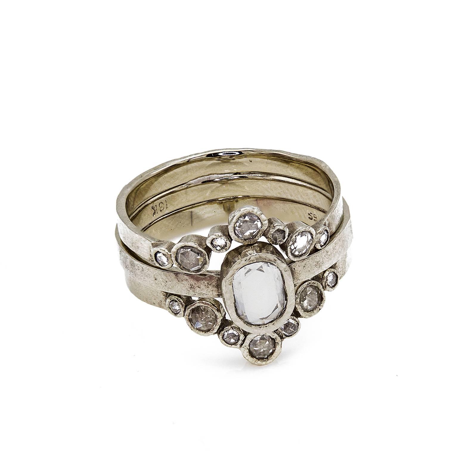 Women's Rose Cut Diamond White Gold Art Deco Style Modern Three-Piece Ring For Sale