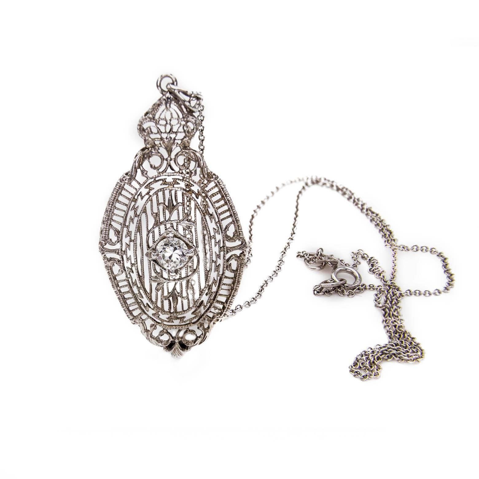 Art Nouveau 1920s Diamond and White Gold Filigree Pendant