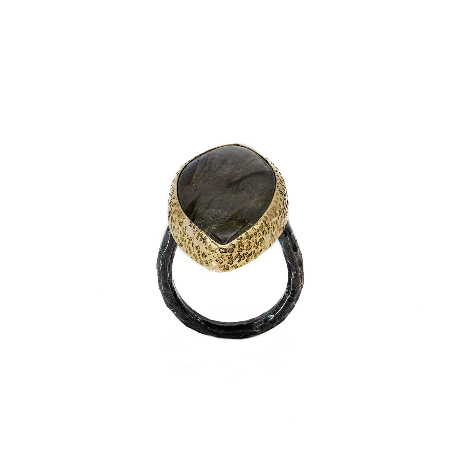 Modern Large Blue Labradorite Marquise Ring in Gold and Oxidized Sterling Silver