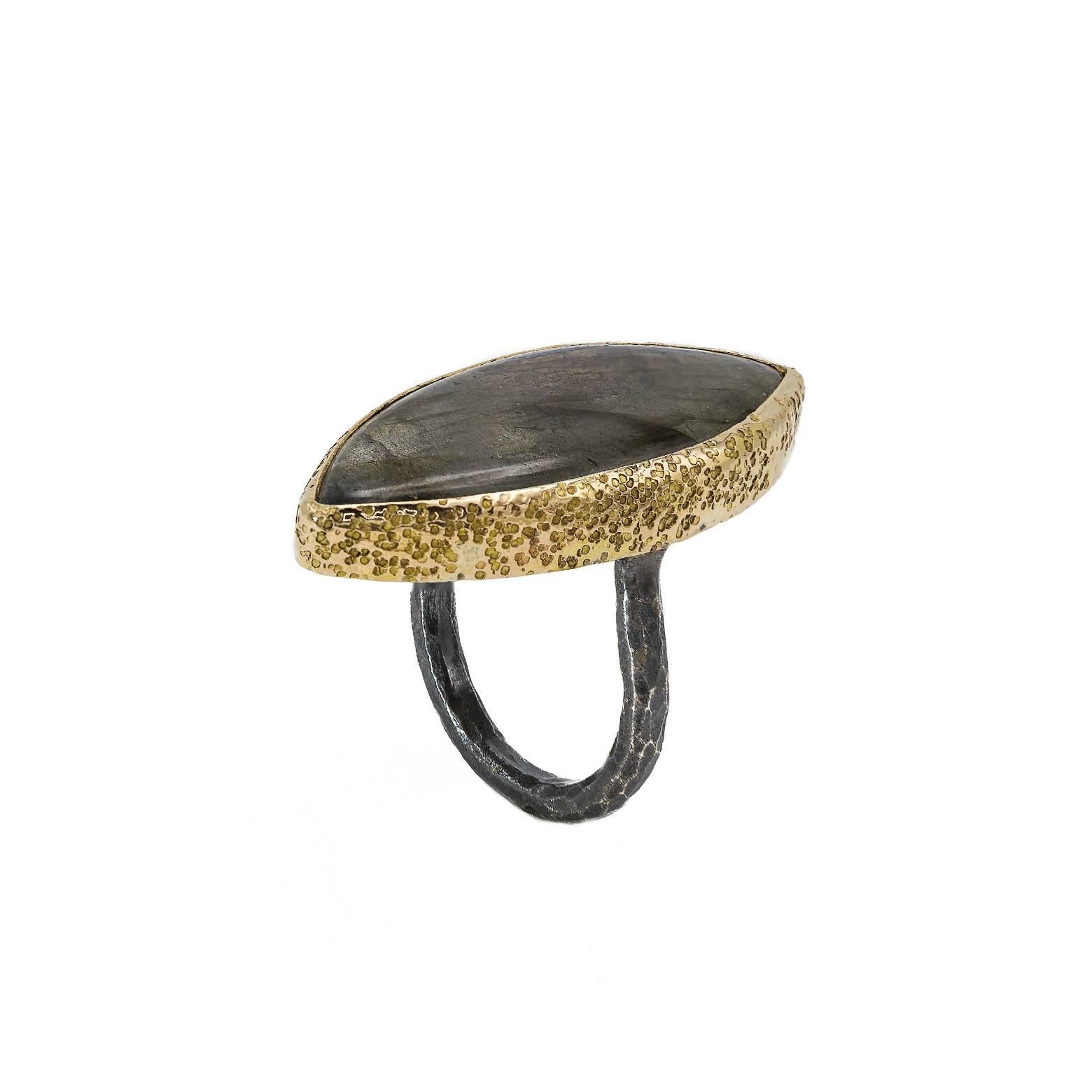Marquise Cut Large Blue Labradorite Marquise Ring in Gold and Oxidized Sterling Silver