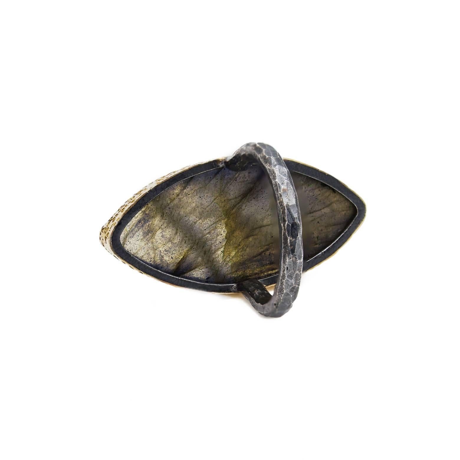 Large Blue Labradorite Marquise Ring in Gold and Oxidized Sterling Silver In Excellent Condition In Berkeley, CA