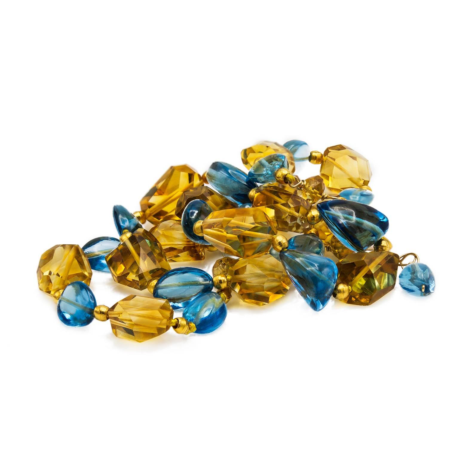 Modern Blue Topaz Citrine Faceted Baroque Bead Necklace