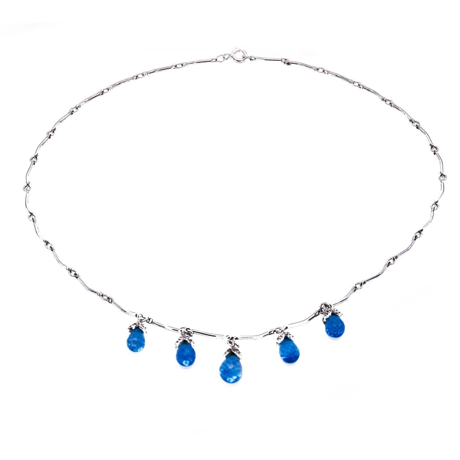 Whimsical droplets of crystal clear blue topaz 'drip' from diamond encrusted buds to create this romantic necklace. Spring is just around the corner and this necklace is just in time to add to your wardrobe! 