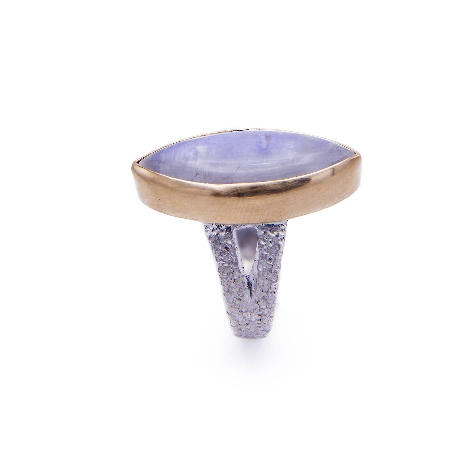 Modern Large Marquise Moonstone Ring with Yellow Gold and Sterling Silver