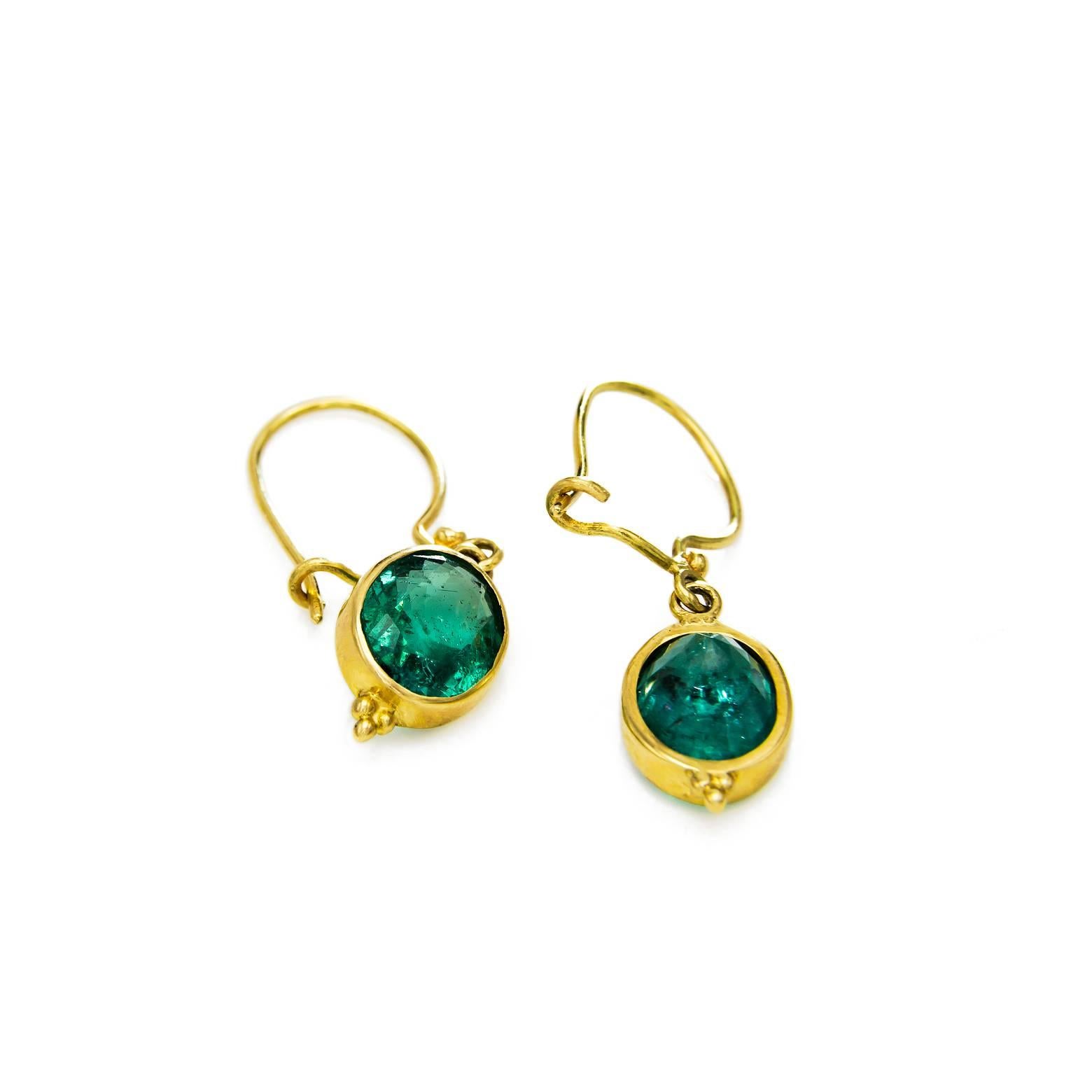 Contemporary Green Oval Old Mine Cut Emerald Gold Earrings 
