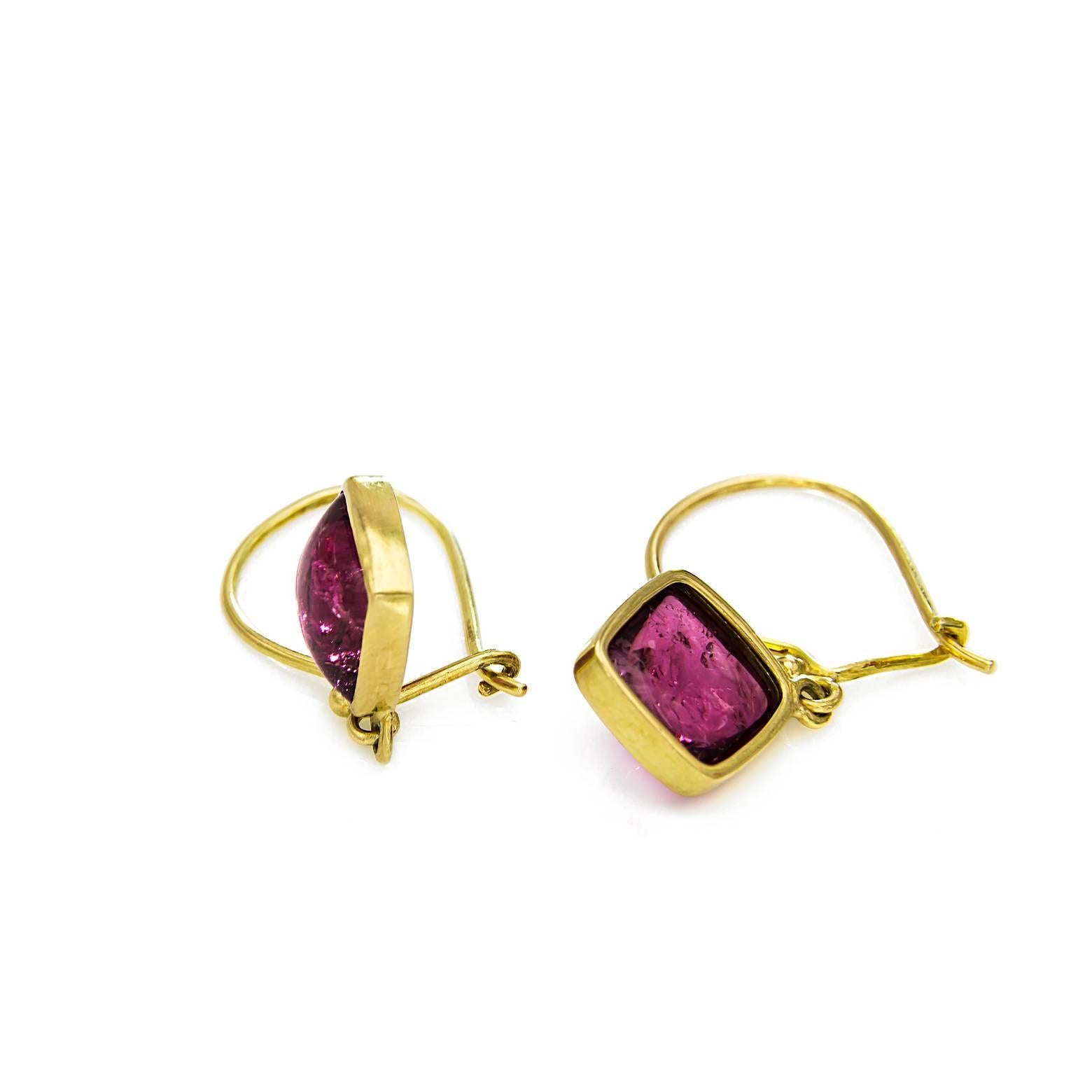 Contemporary  Pink Tourmaline Square Cushion Yellow Gold Earrings