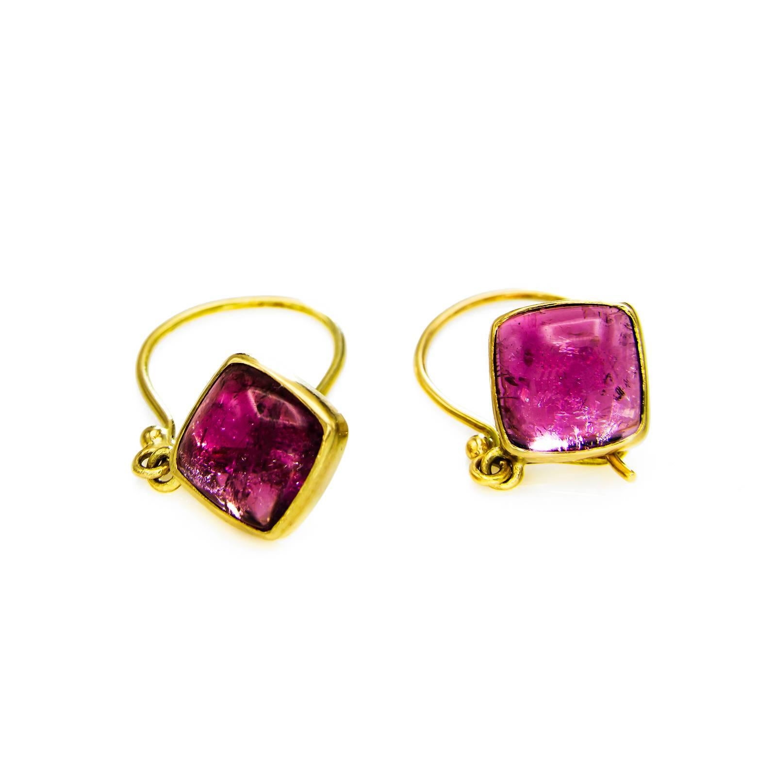  Pink Tourmaline Square Cushion Yellow Gold Earrings In Excellent Condition In Berkeley, CA