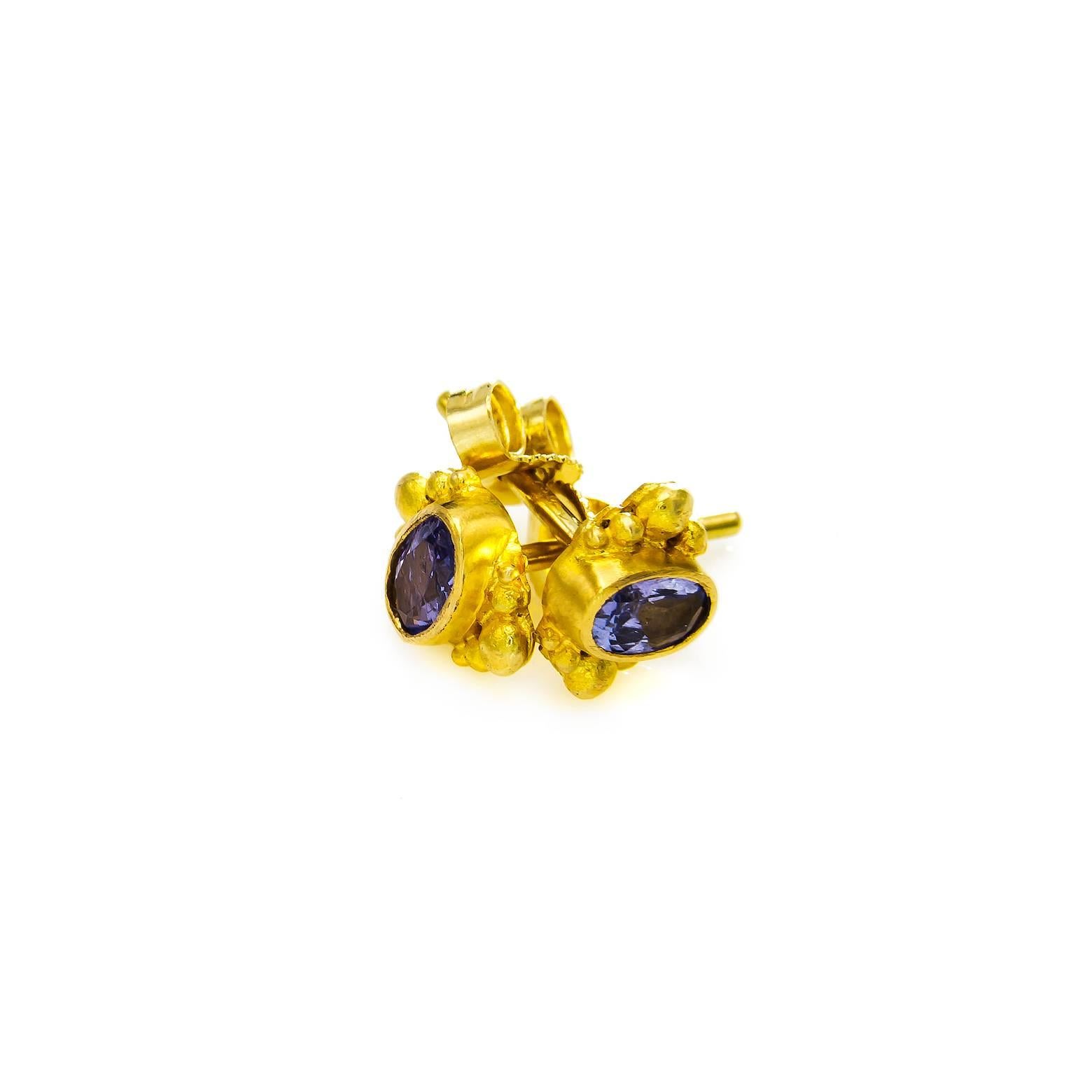 Contemporary Rose Cut Oval Tanzanite Gold Stud Earrings
