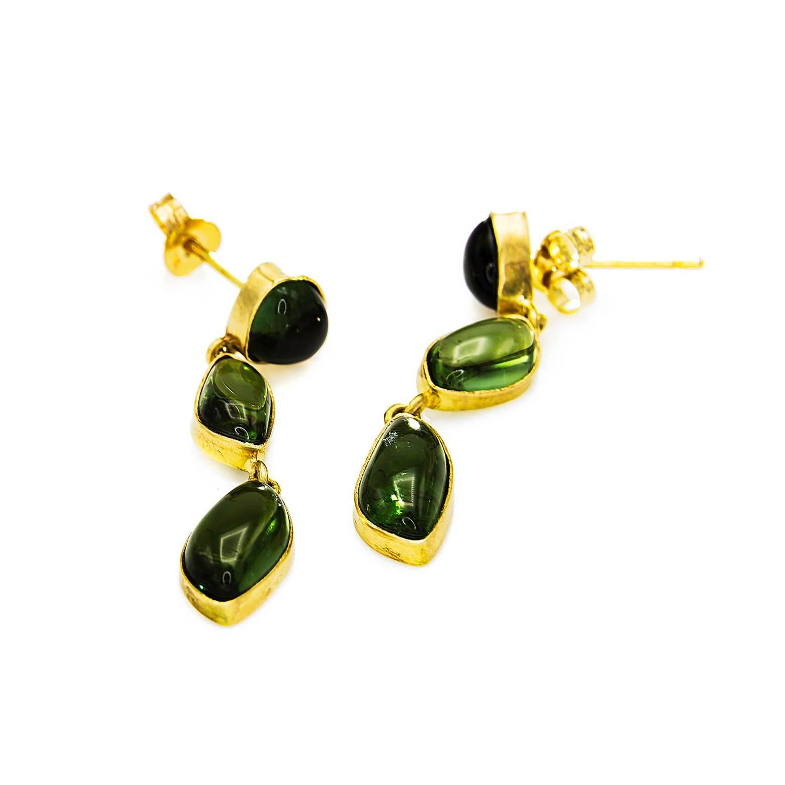 Contemporary Cabachon Green Tourmaline Drop Earrings Gold