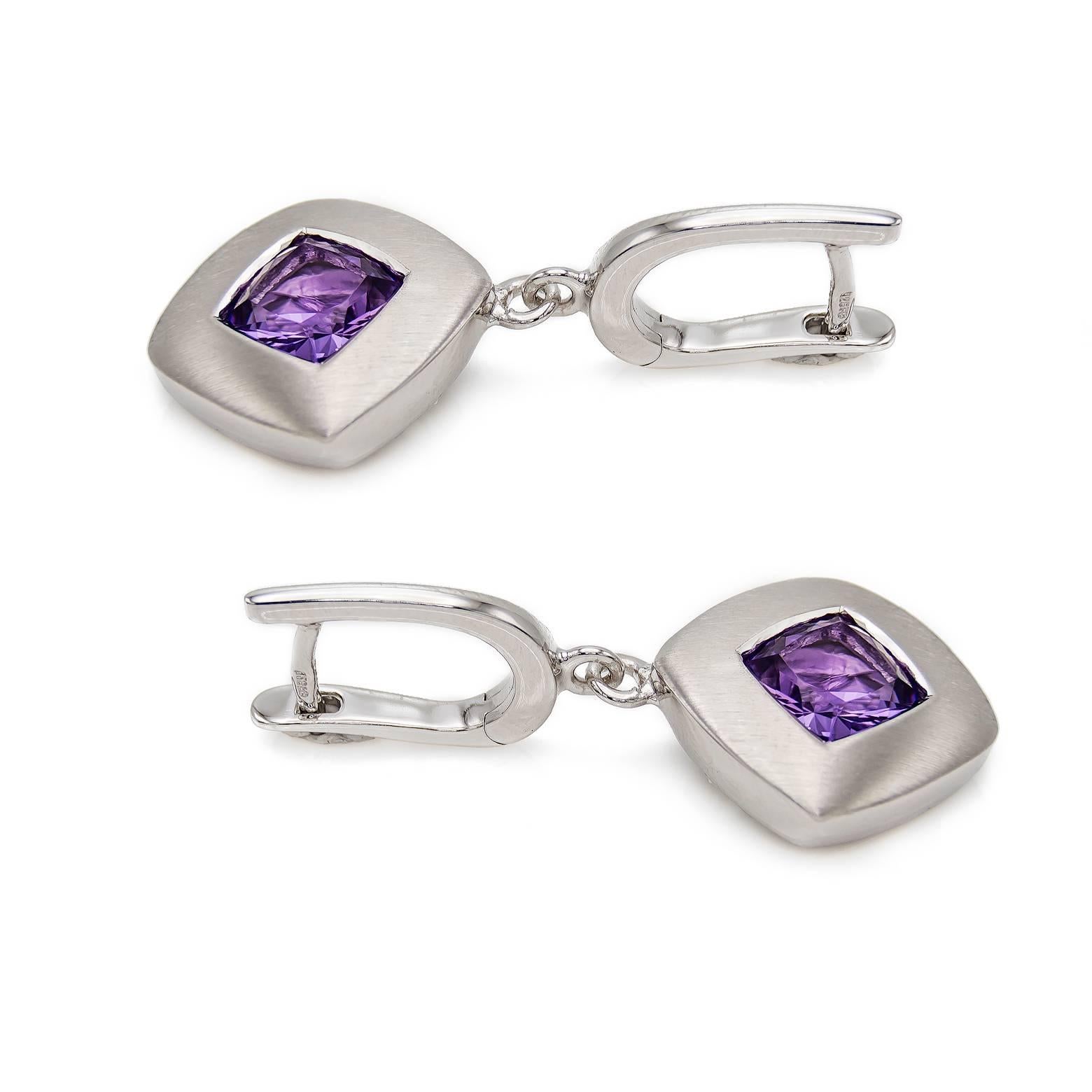 Square Amethyst Sterling Silver Lever-Back Earrings In Excellent Condition In Berkeley, CA